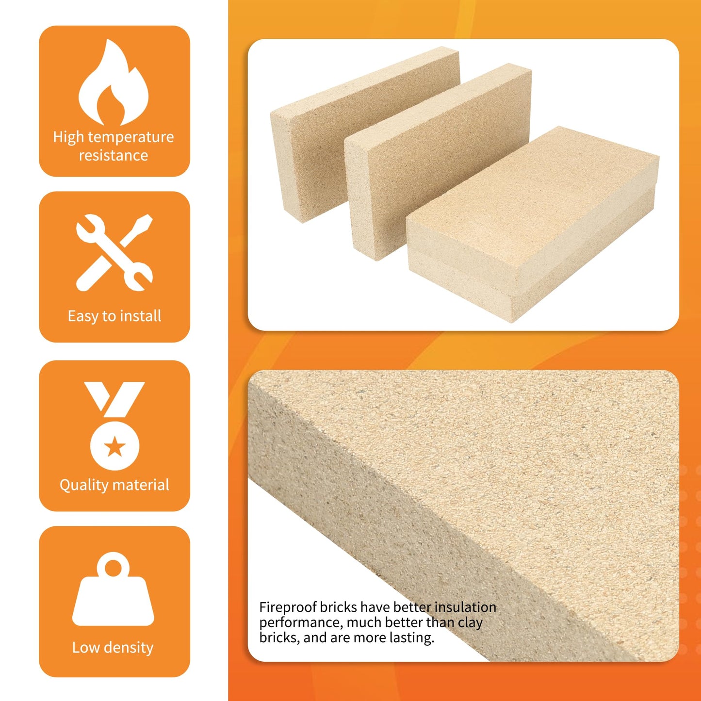 12PCS Woodstove Firebricks, Fire Bricks, Size 9" X 4-1/2" X 1-1/4", Fire Bricks for Wood Stove, Fireplaces, Brick Fireplace