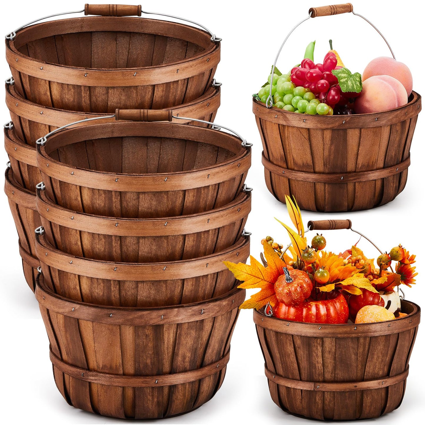 Marsui 8 Pcs Natural Wooden Fruit Baskets 11'' x 6.5'' - Fall Thanksgiving Halloween Decoration, Farmhouse Harvest Storage Bin, Portable Handle Apple Basket for Kitchen Farm Party Home Gift Giving