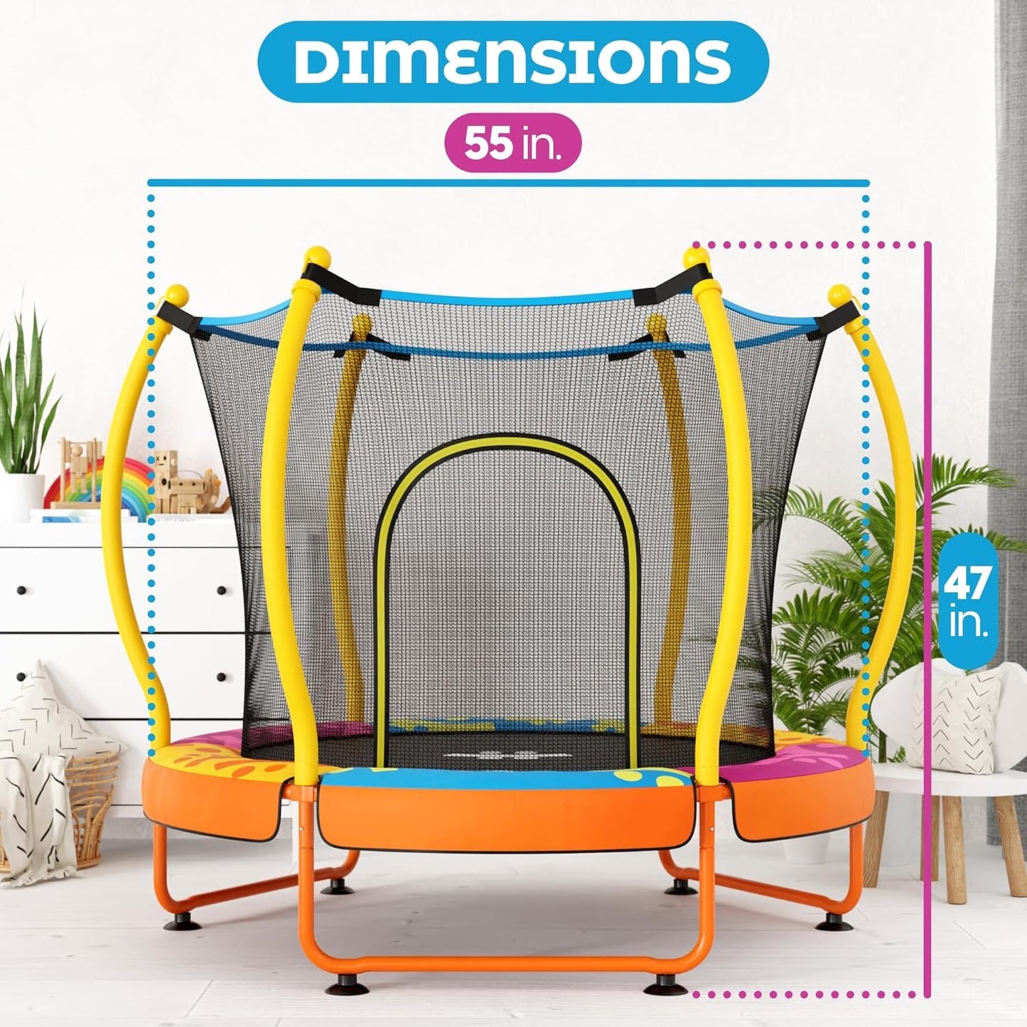 Happin 55” Toddler Trampoline, Indoor & Outdoor Playset Ages 1-8, 5FT Kids Trampoline, Ultra Safe Mini Trampoline for Kids with Safety Enclosure Net, Gifts for Birthday Boys & Girls, Basketball Hoop