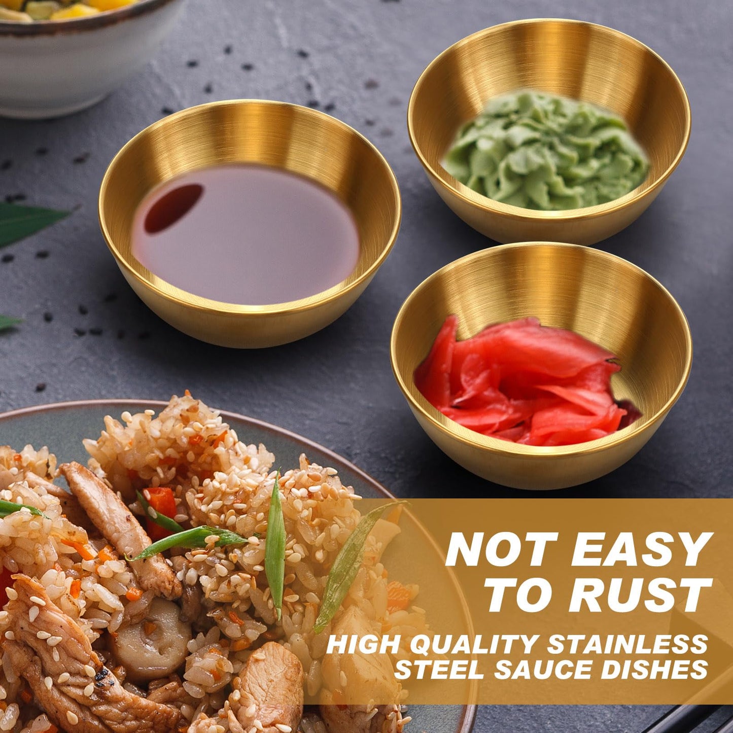 Tanlade 50 Pcs Metal Sauce Bowls Round Stainless Steel Seasoning Dishes Cups 3.2 Inch Mini Saucers Ramekins Plates Small Sushi Dipping Bowls Prep Appetizer Plates for Kitchen(Gold)