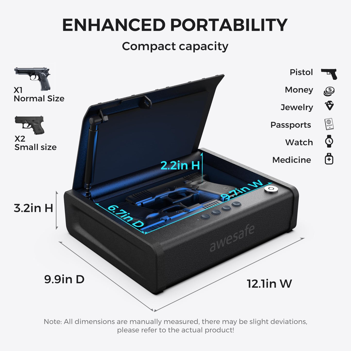 awesafe Biometric Gun Safe for Pistol, 2 Ways Quick Access Handgun Safe with Backlit Digital PIN Key, Portable Car Gun Safe, Gun Lock Box with Gas Strutfor Nightstand Bedside Cloakroom Living Room