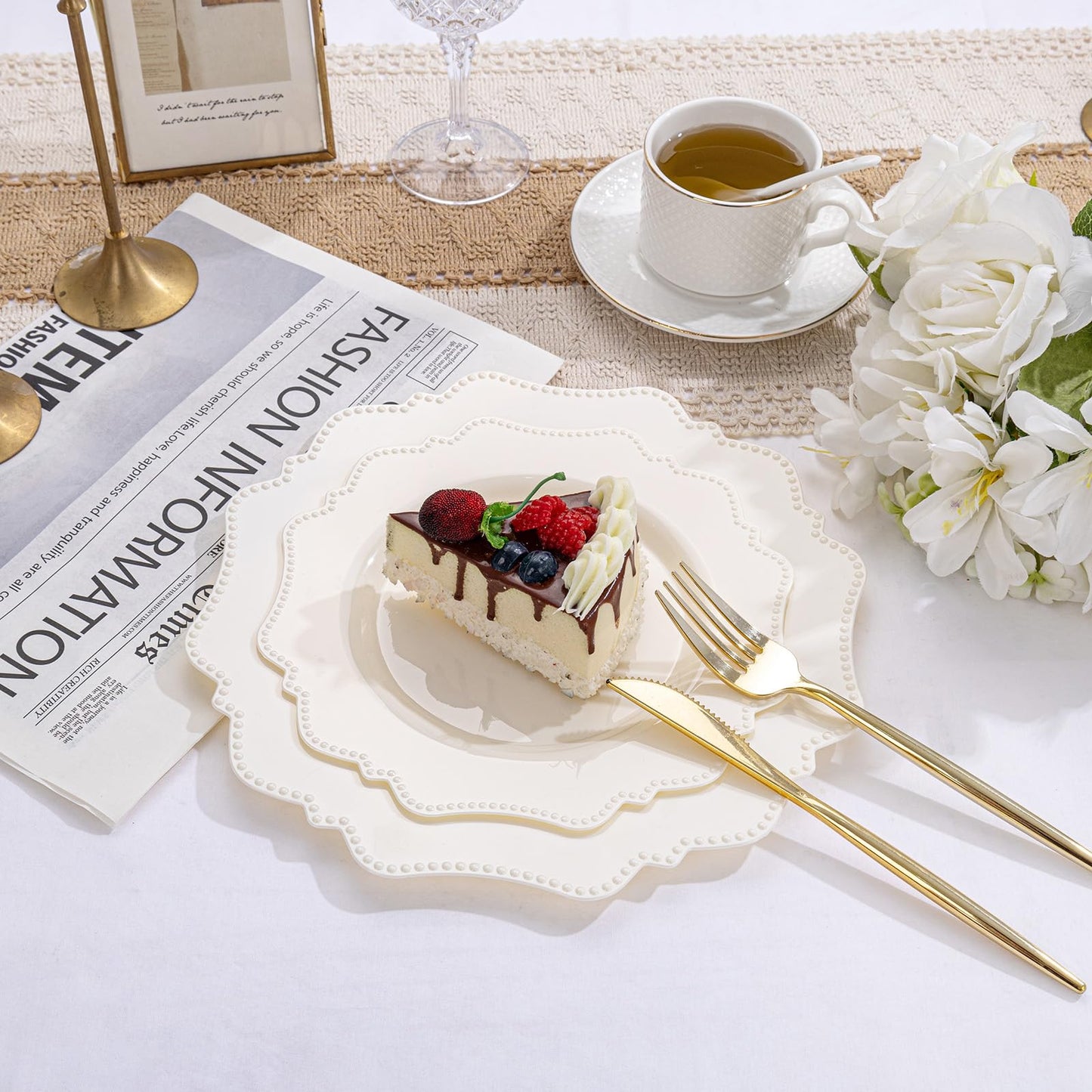 COLOSUS 60pcs Ivory Plastic Plates -Elegant Plastic Plates,Heavy Duty Cream Disposable Plates for Party Include 30 pcs Dinner Plate and 30 pcs Dessert Plate for Wedding/birthday/baby shower