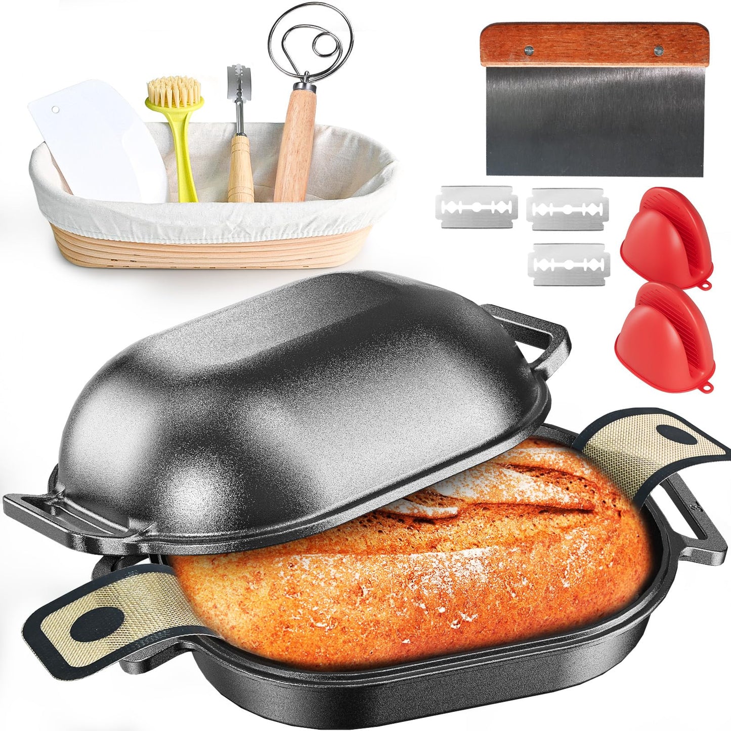 Cast Iron Dutch Oven for Bread Baking, With Banneton Bread Proofing Basket & Baking Supplies, 7.5QT Multi-Functional Dutch Oven Pot with Lid, Cast Iron Bread Pan, Black