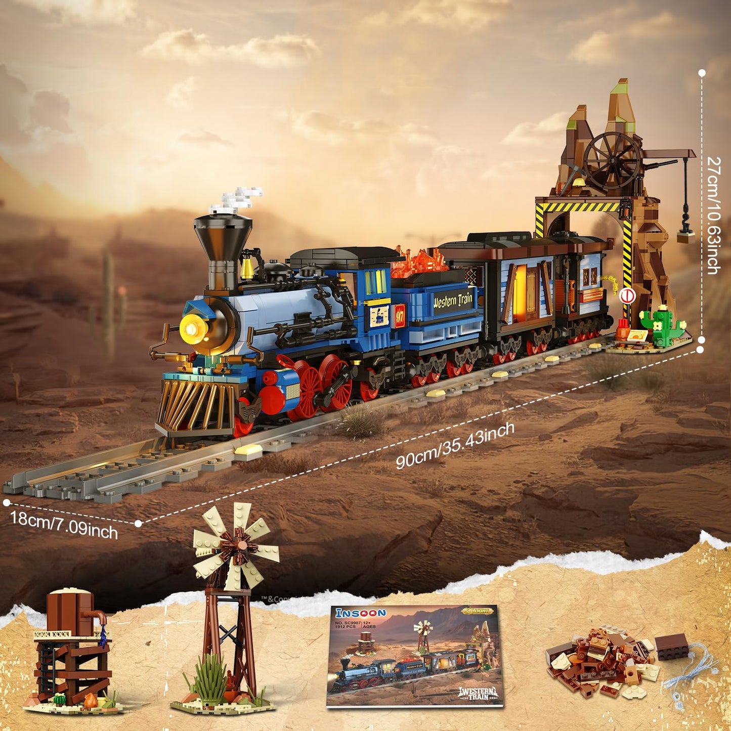 INSOON Western Train Building Set with Lights, 1912 PCS West Trains Static Display Model Toy with Tracks Windmill Water Tower, Home Office Decor Building Blocks for Adults Teens Big Boys Girls 12+