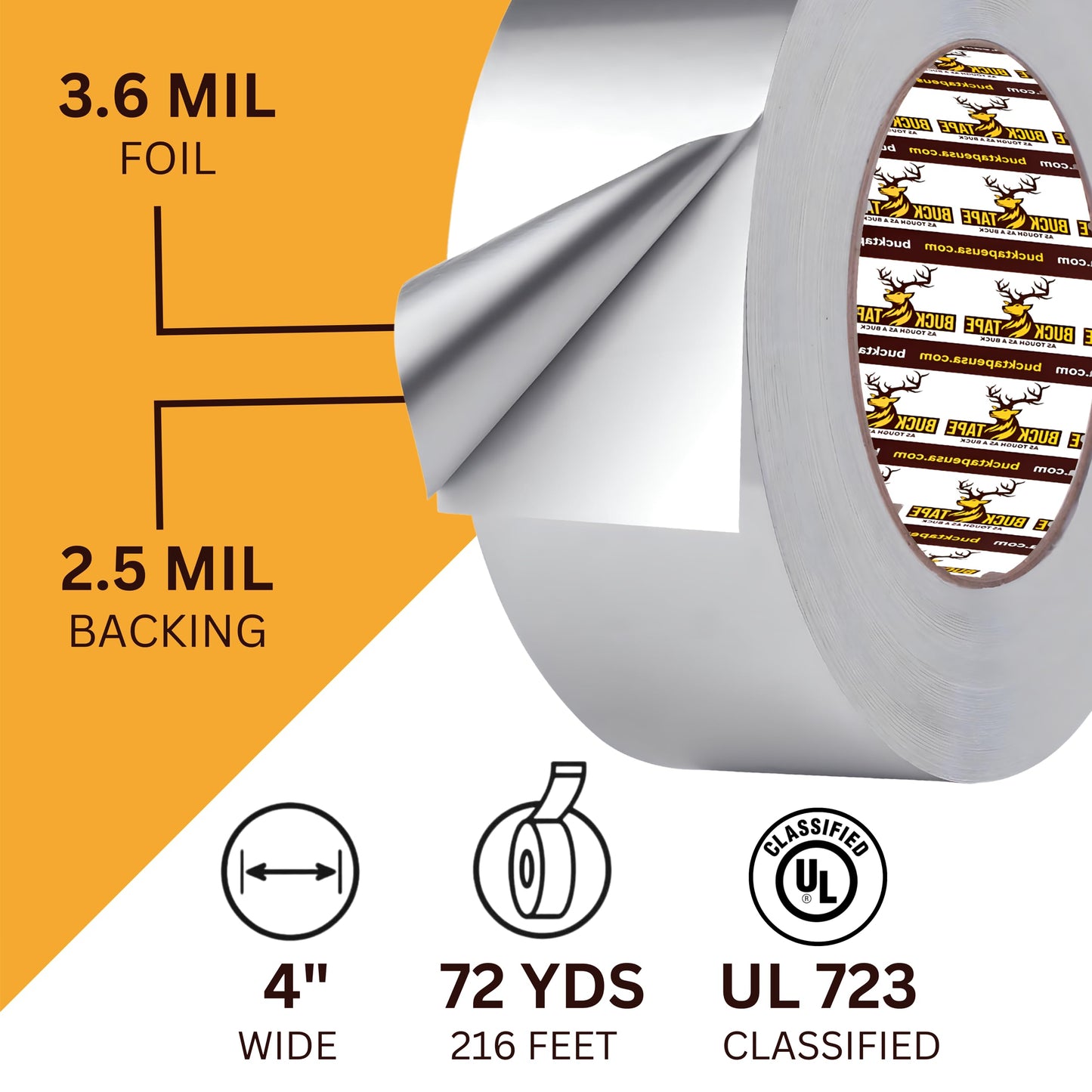 Buck Aluminum Foil Tape – 4 Inch x 216ft (72 yd), 3.6 Mil – HVAC Tape for Ductwork, AC, Dryer Vents & Insulation – Silver Foil Tape for Metal Repair, Exhaust Sealing & Air Conditioning (1 Pack)