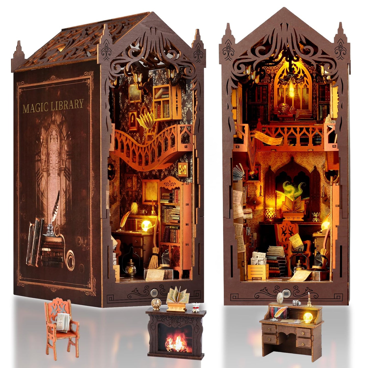 DIY Book Nook Kit - Dollhouse Miniature House Bookshelf Insert Decor Crafts for Adults Teens Halloween, 3D Wooden Puzzle Bookends with Sensor LED Light and Dust Cover