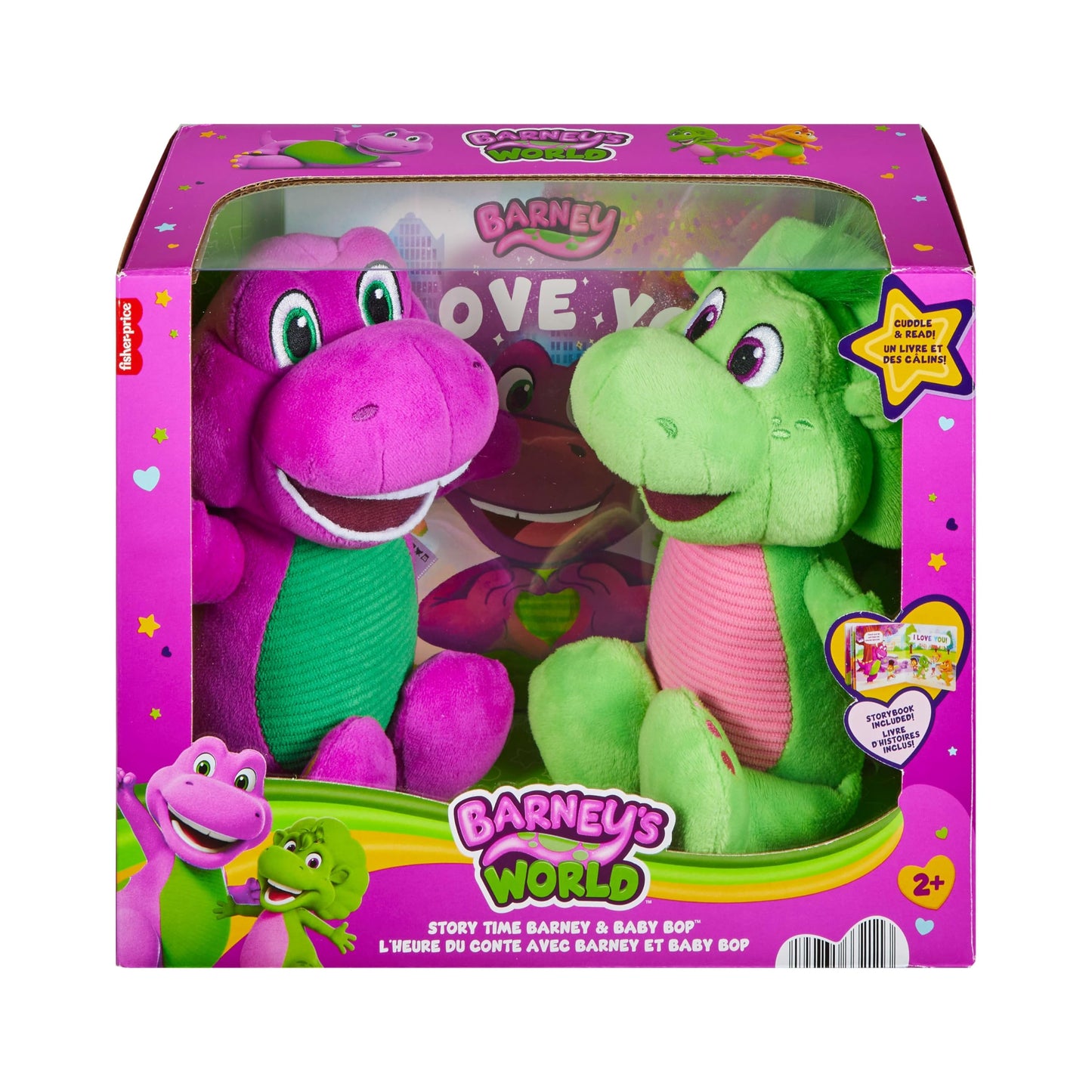 Barney’s World Toddler Toys by Fisher-Price, 9 inch Barney & Baby Bop plushes with Story Book for Cuddling up at Reading time, Kids Ages 2+ Years