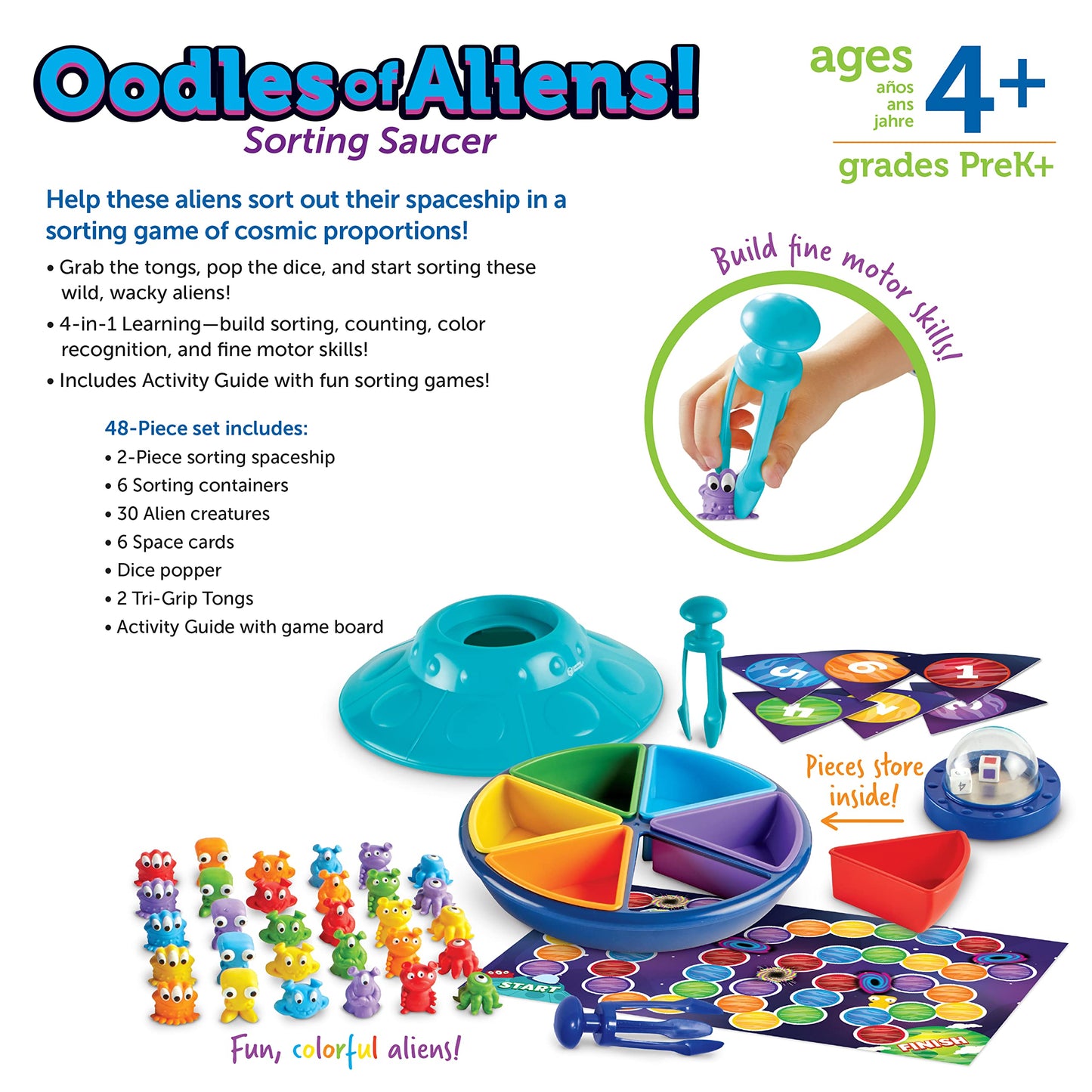 Learning Resources Oodles of Aliens Sorting Saucer, Fine Motor Skills, Counting and Sorting Toys, Preschool Games, Educational Toys, 48 Pieces, Ages 4+