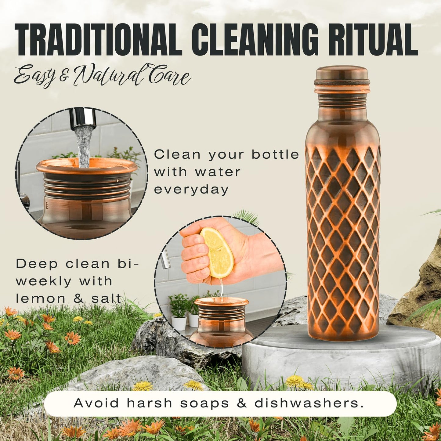 IND MADE Ayurvedic Pure Copper Water Bottle 34 Oz | Leak Proof | Durable & Rust Proof | Traditional Copper Drinkware | Eco Friendly | Non Toxic And BPA Free