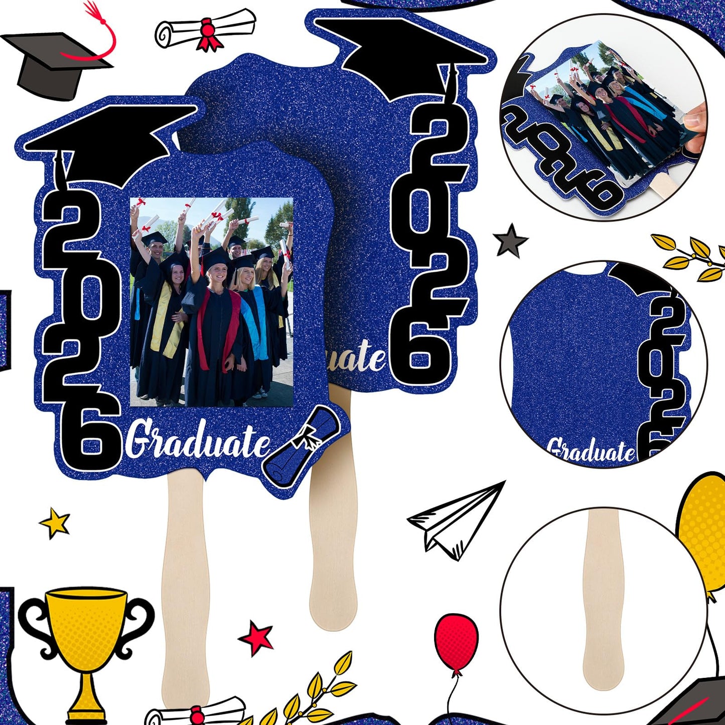 Gilprop 24 Pcs Graduation Cutout Face Fans with Handle Double Sided Personalized Grad Party Supplies Class of 2026 Grad Photo Props Blank DIY Photo Frame Graduation Party Souvenirs