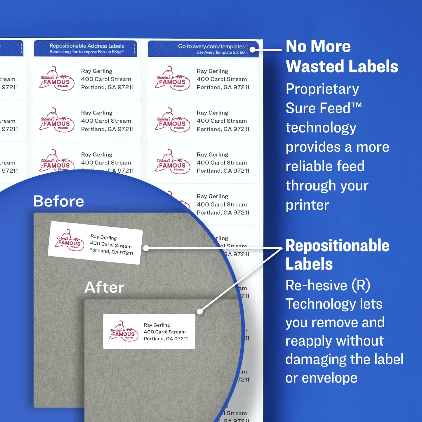 Avery Repositionable Printable Address Labels with Sure Feed, 1" x 2-5/8", White, 3,000 Blank Mailing Labels (55160)