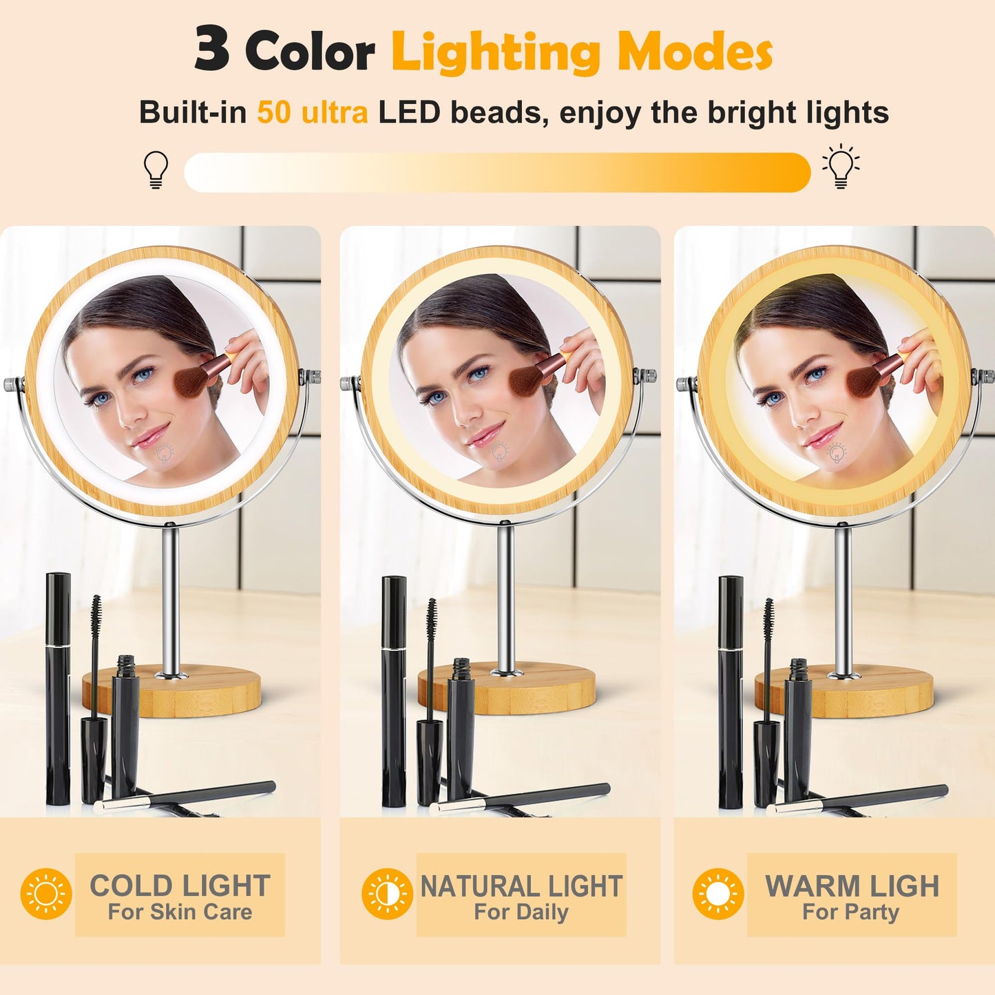 SLIMOON 8" Lighted Makeup Mirror with Bamboo Stand, 1X/10X Double Sided Magnifying Vanity Mirror with Lights, 3 Colors Dimmable Lightning, Gifts for Women Mom Teen Girls