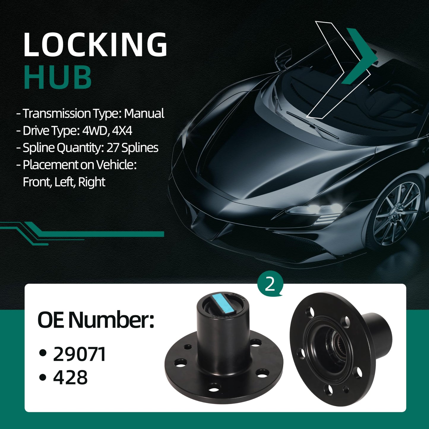 2PCS (428) Locking Hubs 4WD Fit for Ford Ranger 1983-1997, Fit for Ford Explorer Fit for Mazda Navajo 1991-1994, Fit for Mazda B2300 B3000 B4000 1994-1996, 27 Spline Front Locking Hub# 29071