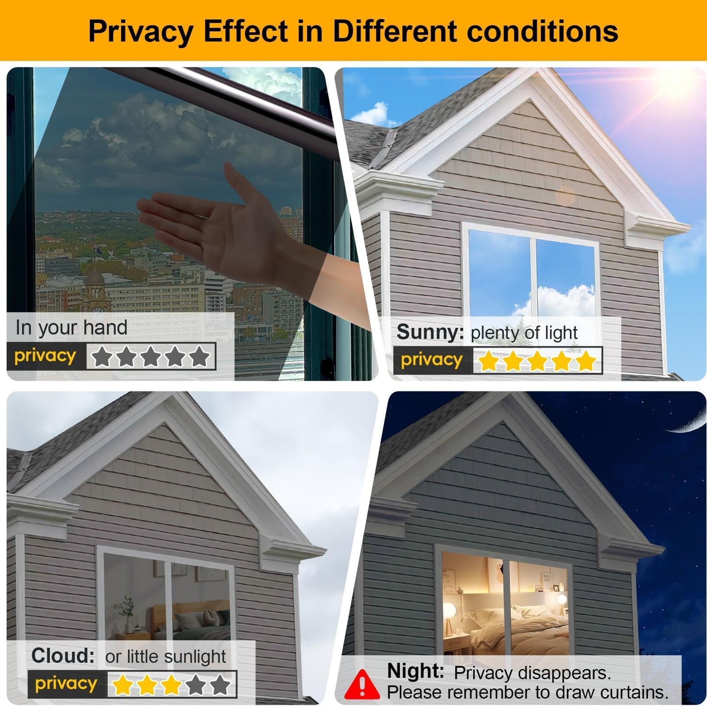 One Way Window Privacy Film See Out Not in, Window Tint for Home, Reflective Mirror Glass Windows Coverings Sun Heat UV Blocking, Black-Silver, 35.4 Inch x 157.4"