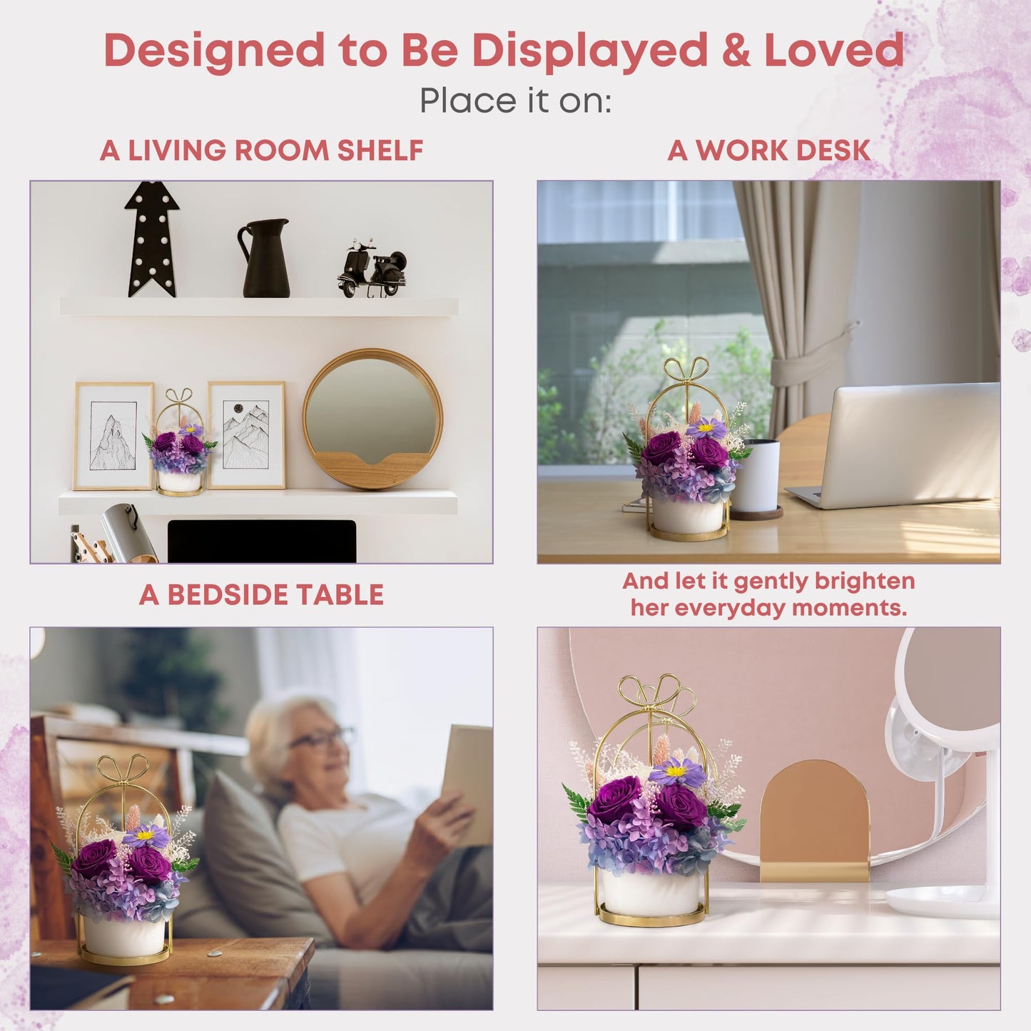 MENANA Potted Preserved Flowers - Valentines Day Anniversary Christmas Mothers Day Birthday Gifts for Girlfriend, Wife, Mom, Women, Her - Purple Roses & Hydrangeas Flowers in Ceramic Keepsake Pot Home