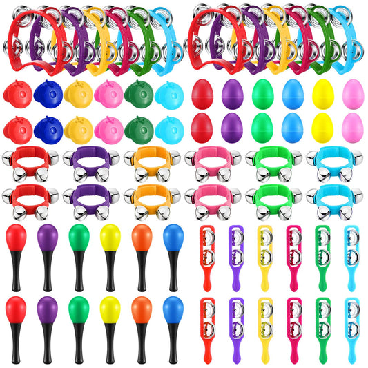72 Pcs Shaker Musical Instruments for Kids Egg Shaker Wrist Hand Band Bells Maracas Percussion Tambourine Cymbals Plastic Castanets for Preschool Early Music Learning Toy