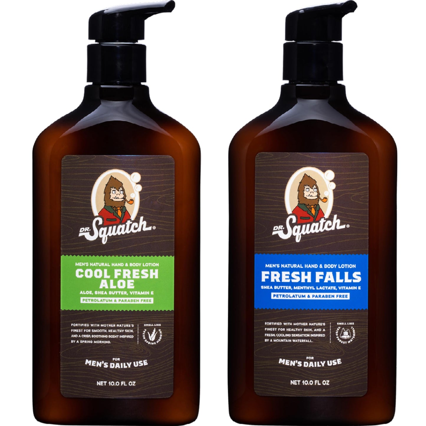 Dr. Squatch Men's Non-Greasy Natural Lotion - 24-hour moisturization hand and body lotion - Made with Shea Butter, Coconut Oil, and Vitamin E - Cool Fresh Aloe, Fresh Falls (2 Pack)