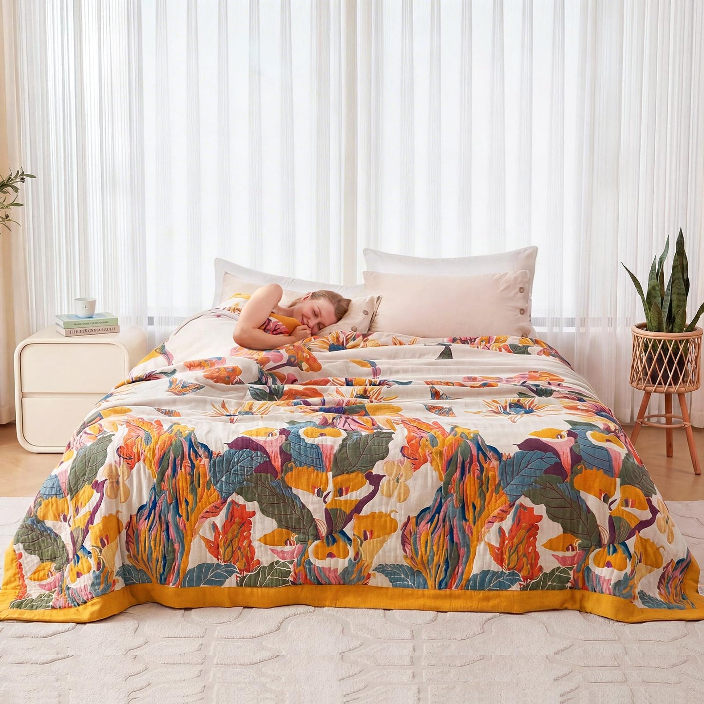 Wzvzss Boho Throw Blanket - 100% Cotton Soft Summer Throw Blanket for Bed, 90"x108" Reversible Breathable Lightweight Blankets, All Seasons Farmhouse Decor Floral Plant Butterfly Throw Quilt