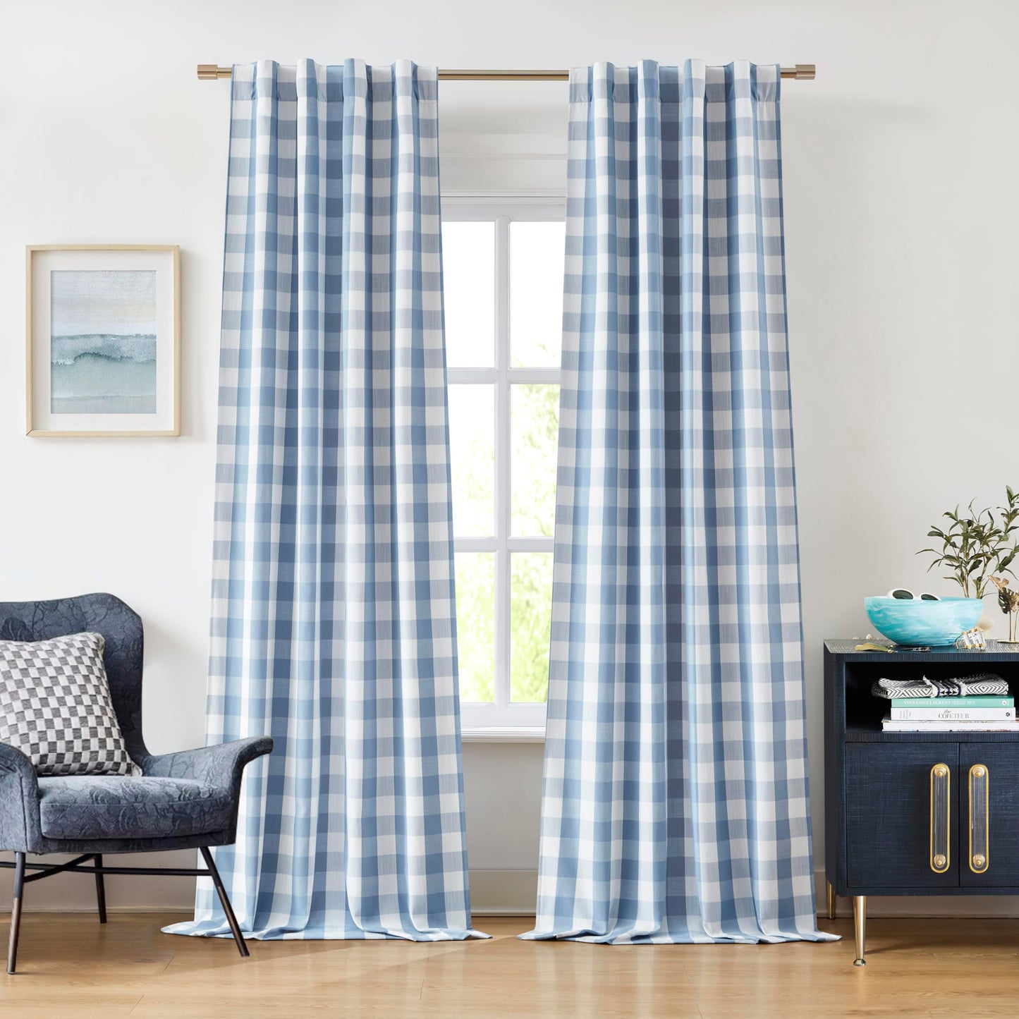 Bapawfish Buffalo Plaid Full Blackout Curtain Panels 84 Inches Length,Dusty Blue and White Farmhouse Drapes,Thermal Insulated Window Treatment for Bedroom Living Room,Rod Pocket Back Tabs,40"Wx84"Lx2