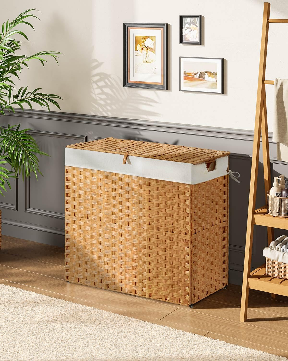Greenstell Laundry Hamper with lid, No Install Needed, 130L Wicker Laundry Baskets Foldable 2 Removable Liner Bags, 2 Section Clothes Hamper Handwoven Rattan Laundry Basket with Handles, Natural