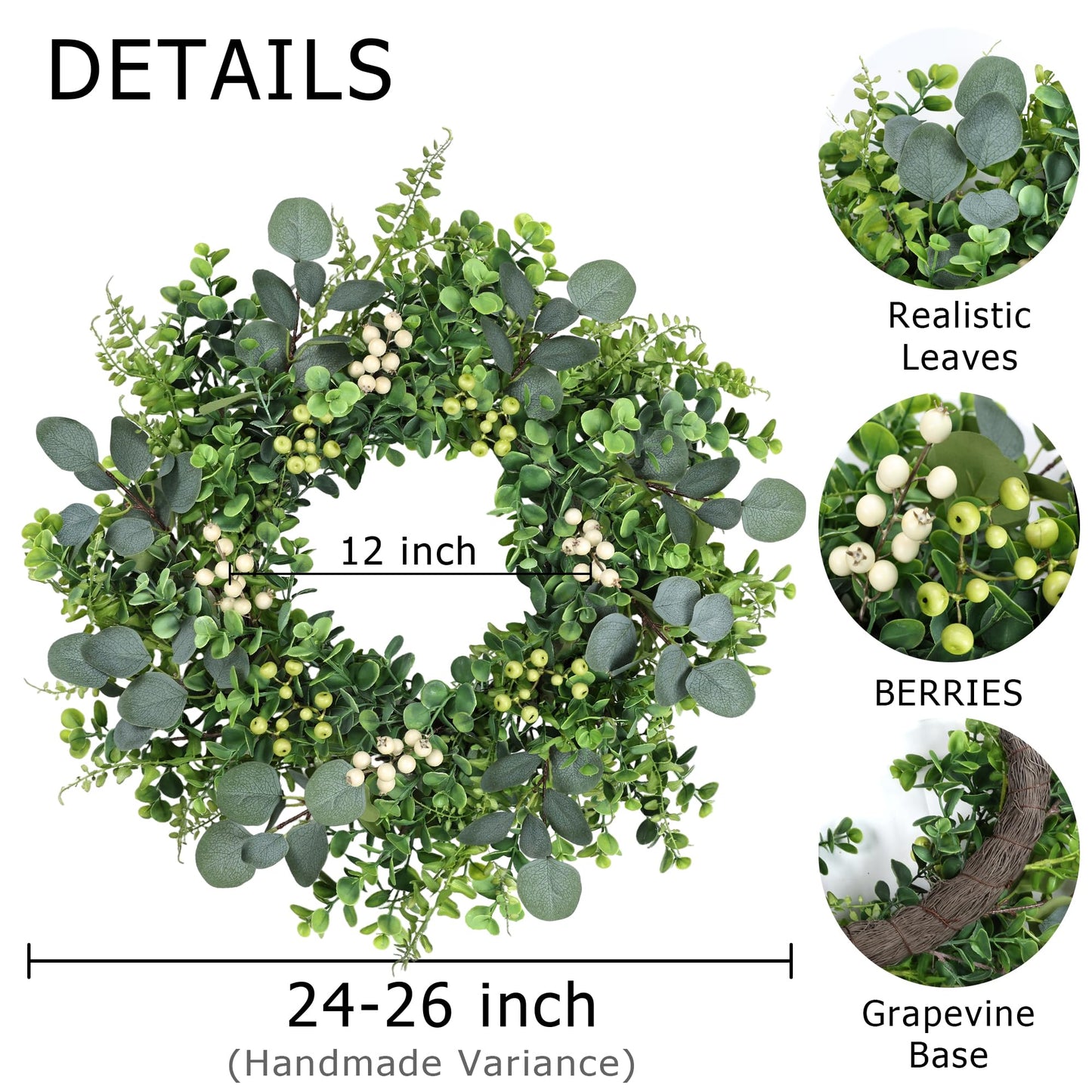 MDSTBN 26 Inch Eucalyptus Wreath Spring Summer Wreaths for Front Door, Artificial Large All Seasons Wreaths with for Farmhouse Porch Wall Living Room Home Wedding Decor