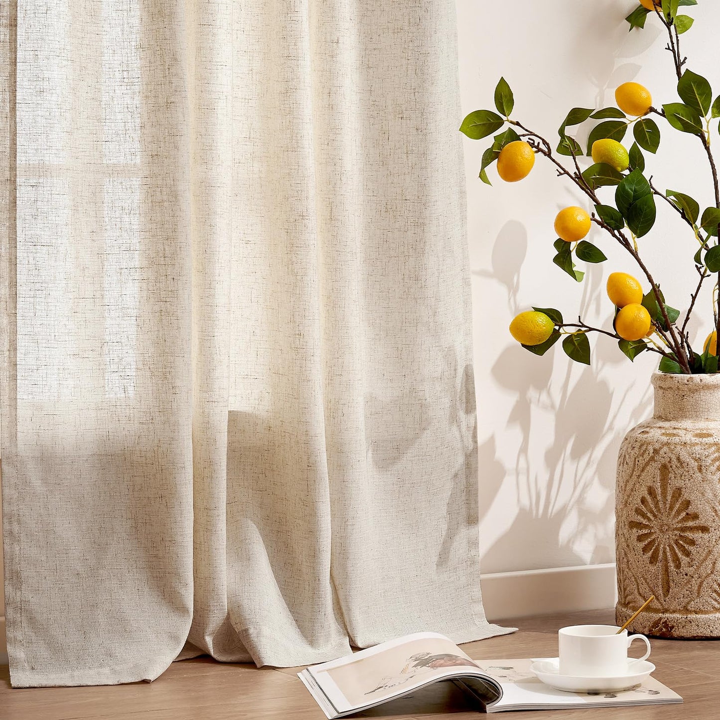 jinchan Linen Beige Curtains for Living Room Bedroom 108 Inches Length Farmhouse Light Filtering Drapes Rod Pocket 4 Panel Curtains Set Back Tab 9 feet Extra Long Crude