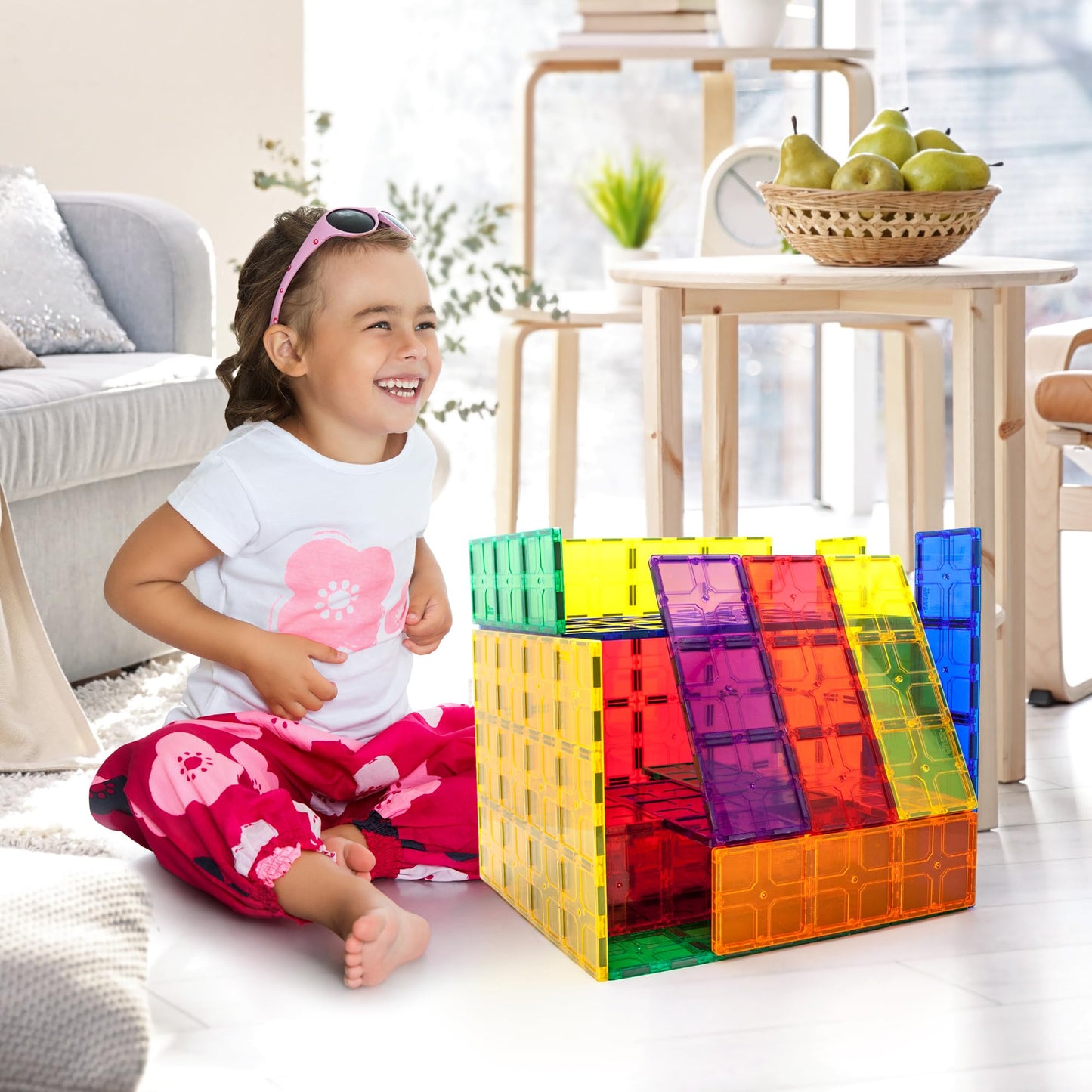 PicassoTiles 60pc Magnetic Building Block Magnet Tile Toy Shop Theme Pretend Play Construction Kit Reconfigurable Printed Structure Double-Sided Printing Education STEM Learning Playset Ages 3+ PTQ50