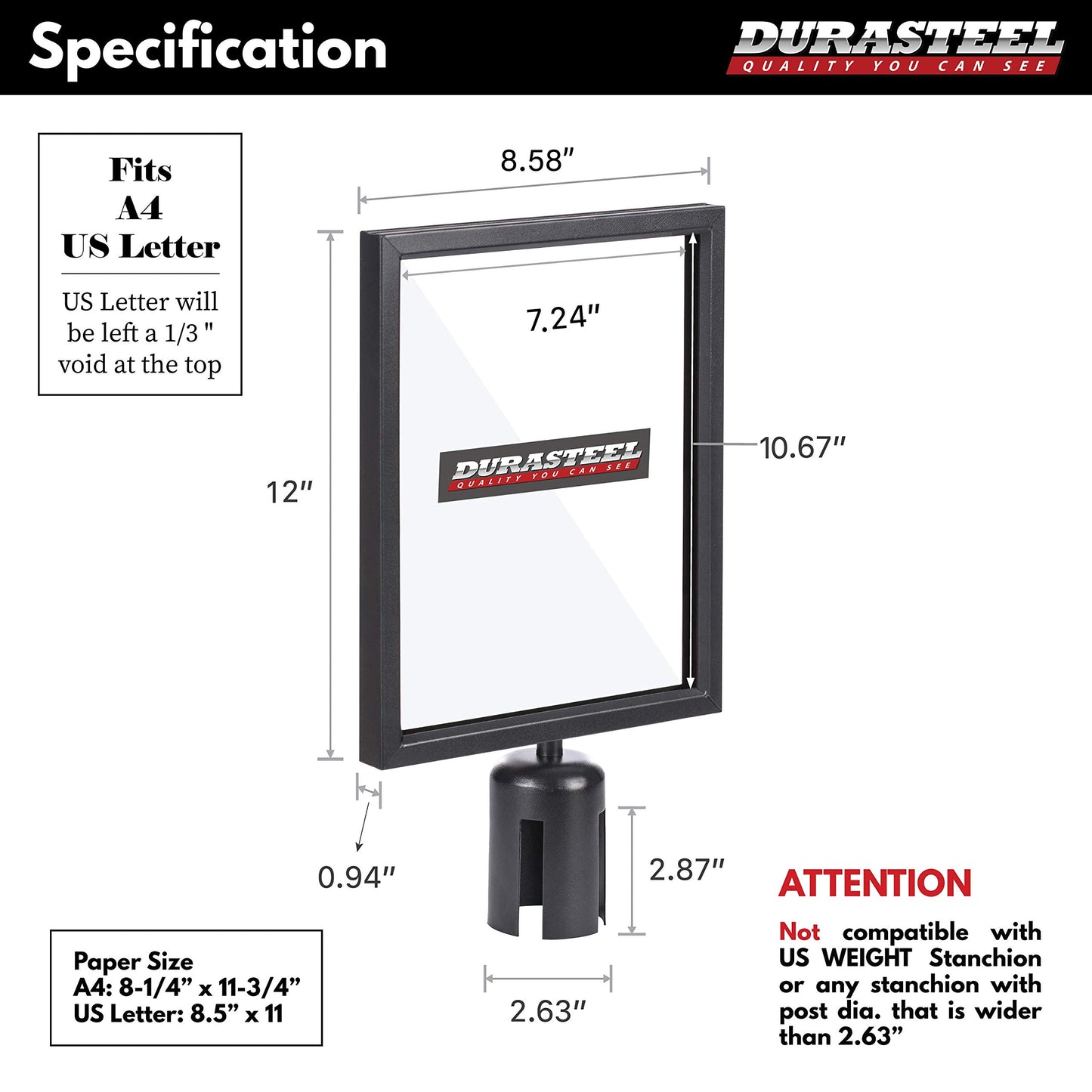 DuraSteel Stanchion Sign Holder - Portrait Display for 8.5" x 11" Paper Size - Double Sided Sign Frame with Plexiglass Cover - NOT Fit with US Weigh Sentry Stanchion - Crowd Control & Queue Barrier