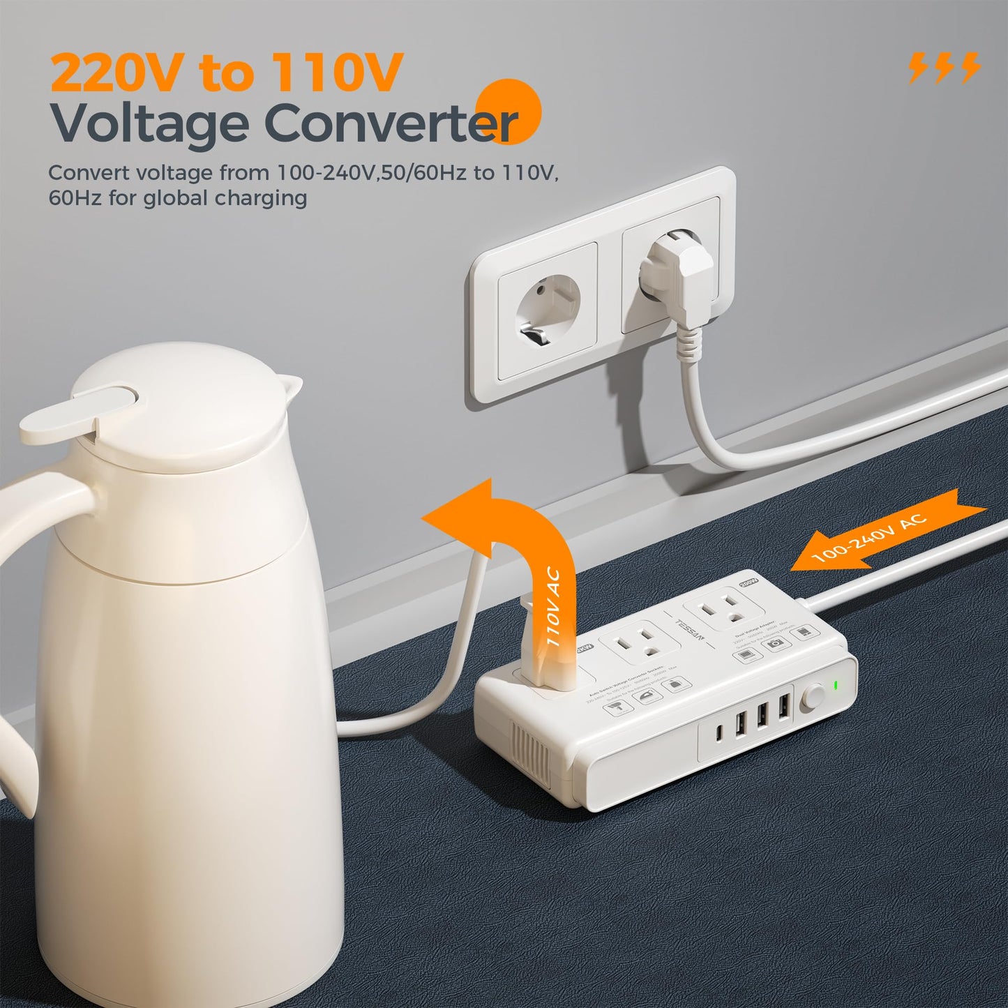 220V to 110V Voltage Converter, TESSAN Universal Travel Adapter with 4 USB Ports (1 USB C), 3 AC Sockets and EU/UK/AU/IT Plug Power Adaptor, Step Down Outlet Converters International Plug Adapter