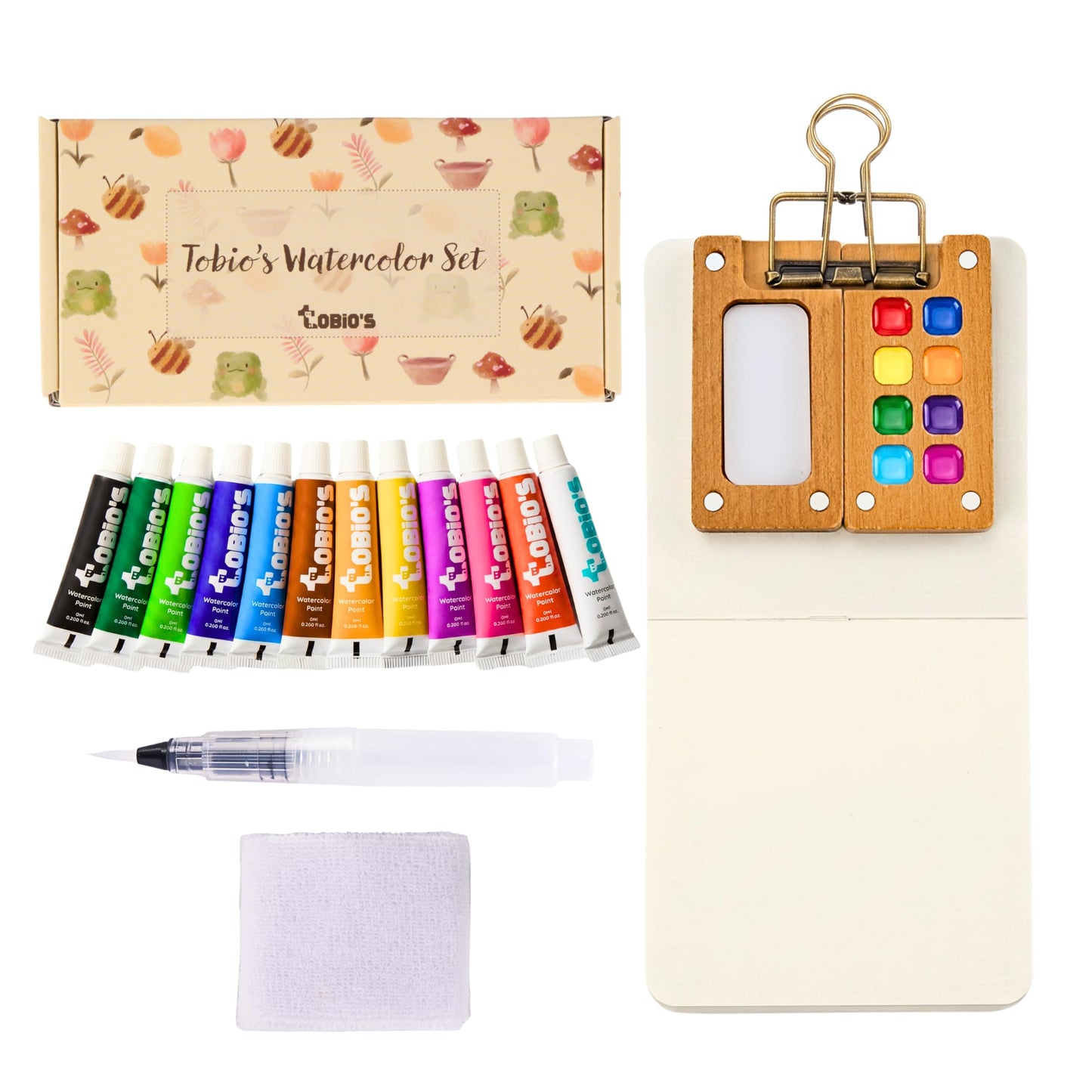 Tobios Mini Wooden Watercolor Paint Set – Compact Travel Art Kit with 12 Colors, Refillable Brush & Sketchbook – Unique Creative Gift for Birthdays, Holidays & Art Lovers
