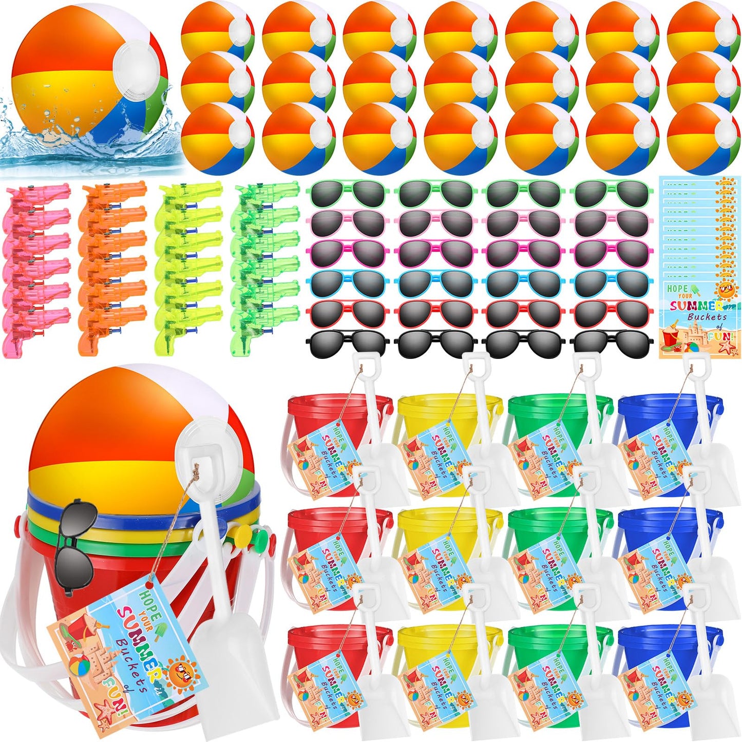 Threan 144 Pcs End of Year Students Gifts from Teacher Bulk Beach Party Favors Include Sand Buckets Bulk Beach Balls Shovels Sunglasses Water Gun Blessing Card for Summer Party Favors(Elliptical)