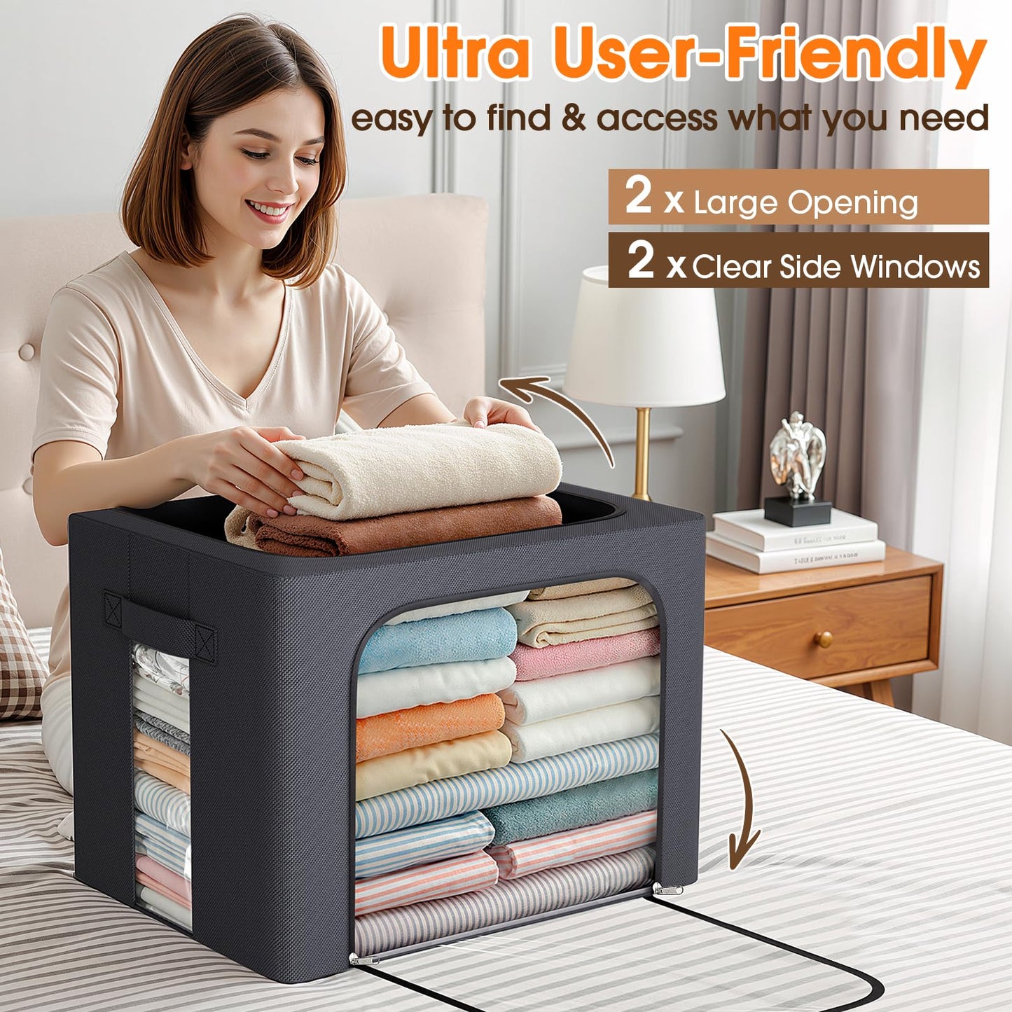EpicTotes 6 Pack Clothes Storage Bins with Metal Frame,40L Storage Bags Fabric Box Organizer with Clear Window,Zippers,Sturdy Handles(6 Pcs,Light Grey,40L)