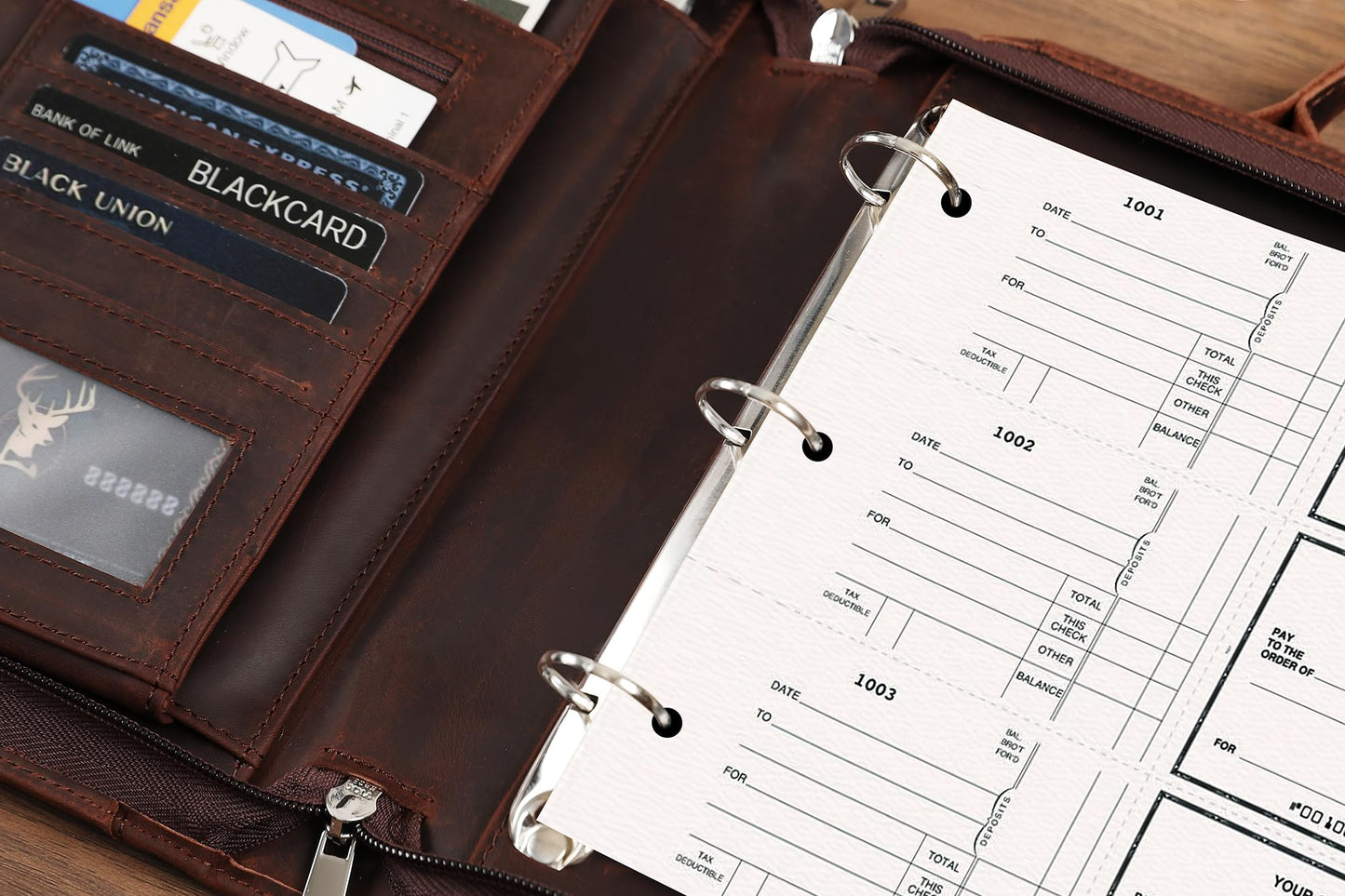 3 Ring Check Binder for 3 on a Page 9" x11 1/4" Check Holder, Zippered Business Checkbook Holder, 3 Ring Check Book Binder for Business Checks, Fit 3 & 9 Holes Check - Dark Kahki