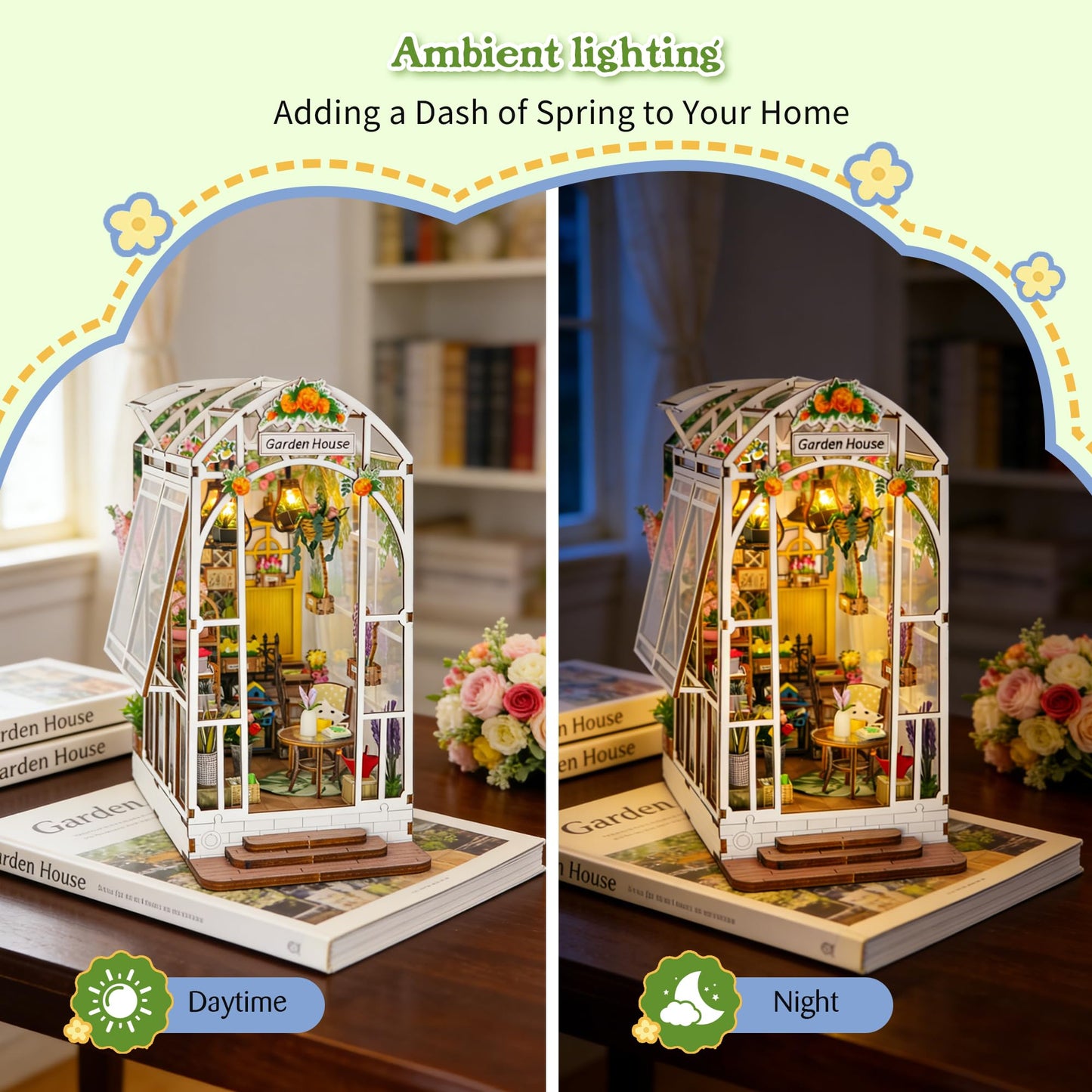 Soothee DIY Miniature House Kit, DIY Book Nook with LED Light, 3D Puzzles for Adults and Teens, Dollhouse for Bookshelf Decor, Tiny House Building Kits for Craft Lovers (Garden House)