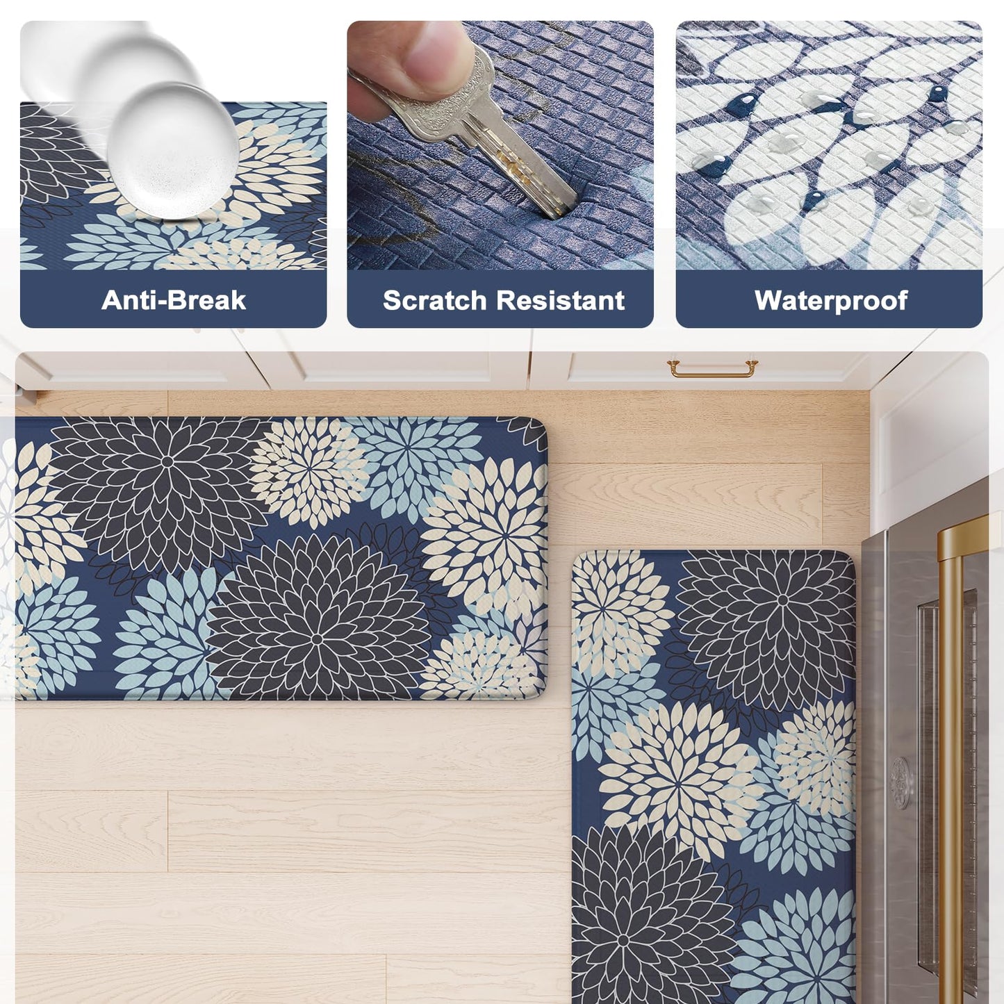 KIMODE Anti Fatigue Kitchen Mats for Floor, Boho Floral Kitchen Rugs 24" x 71", Wide Long Cushioned Mats for Kitchen Floor, Non Slip Kitchen Floor Mats for Sink Laundry Office,Blue Multi