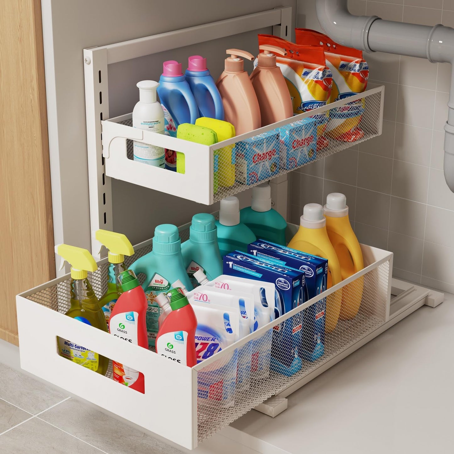 Under Sink Organizer Adjustable Height 2 Tier Bathroom Organizer Pull Out Cabinet Organer kitchen organizers and storage fridge organizers and storage,White,XL-1 Pack