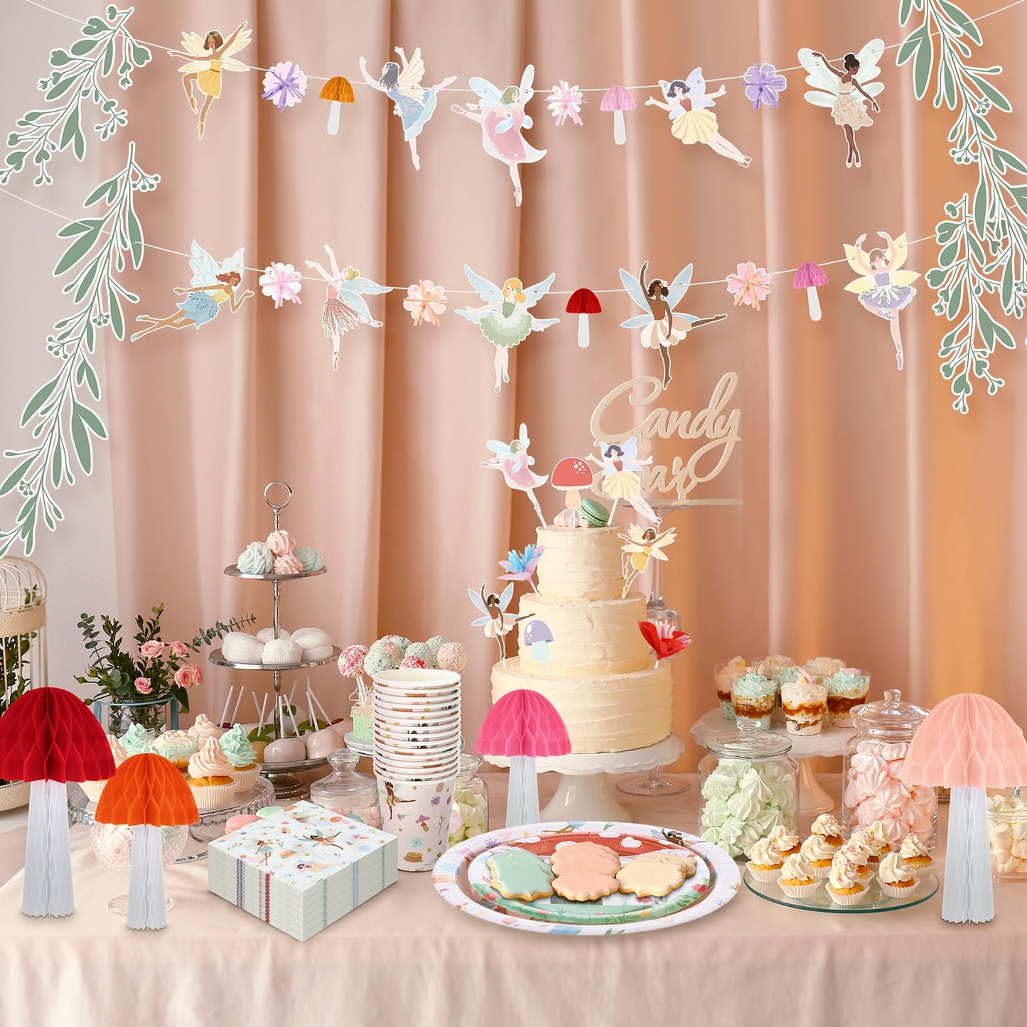 Honeydak 132 Pcs Fairy Party Supplies Decorations Include Fairy Disposable Floral Paper Plates Napkins Teacups Garland Banner Cake Topper and Honeycomb Mushroom for Spring Ballet Forest Birthday Party