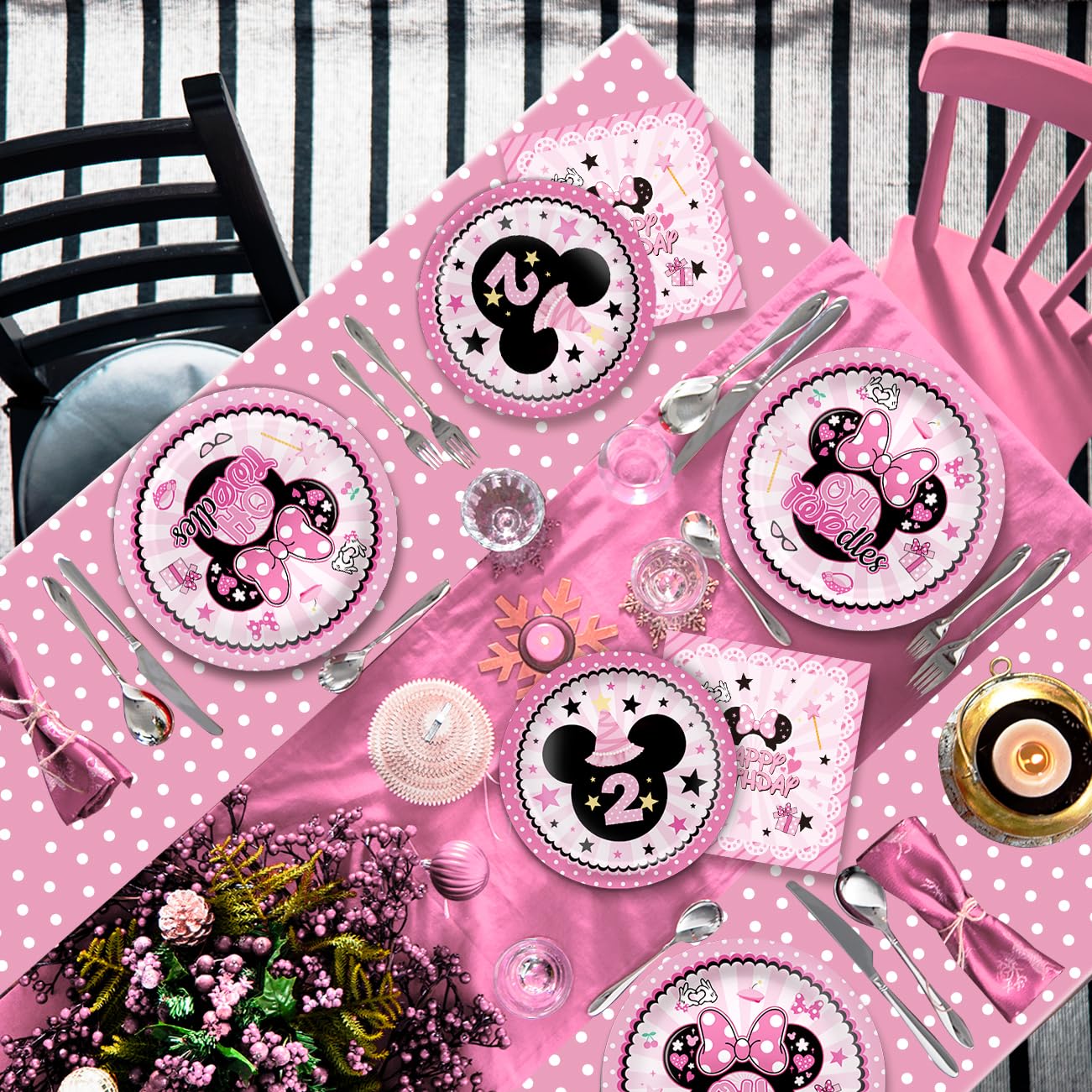 108Pcs Pink Mouse Birthday Decorations Tableware Oh Twodles Birthday Party Supplies Include Banner Plates Napkins Cups Balloons Cupcake Toppers Cake Topper and Waterproof Tablecloth