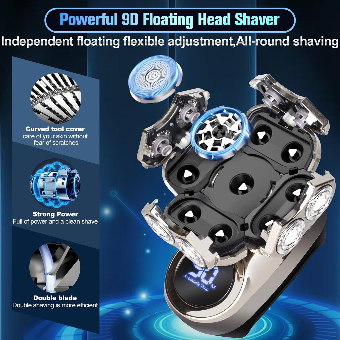 9D Head Shavers for Bald Men, Electric Razor for Men to Shave Fast with LED Display, Cordless Rechargeable, IPX7 Waterproof Wet/Dry Rotary Shaver Kit with Nose Hair Trimmer Shaver, Gift for Men