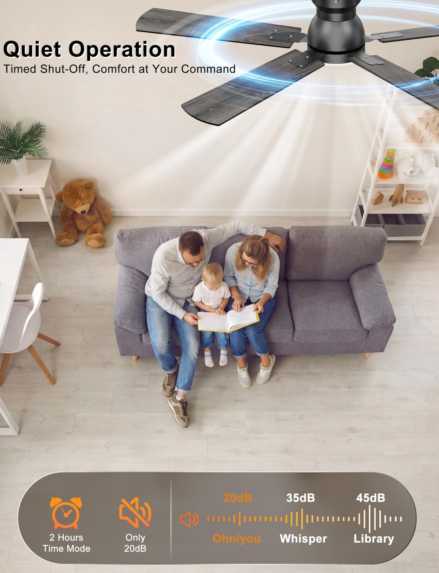 Ohniyou Ceiling Fans with Lights, 52 Inch Low Profile Ceiling Fan with Light and Remote/APP Control, Flush Mount, Dimmable, Quiet DC Motor, Black Ceiling Fan for Bedroom, Living Room