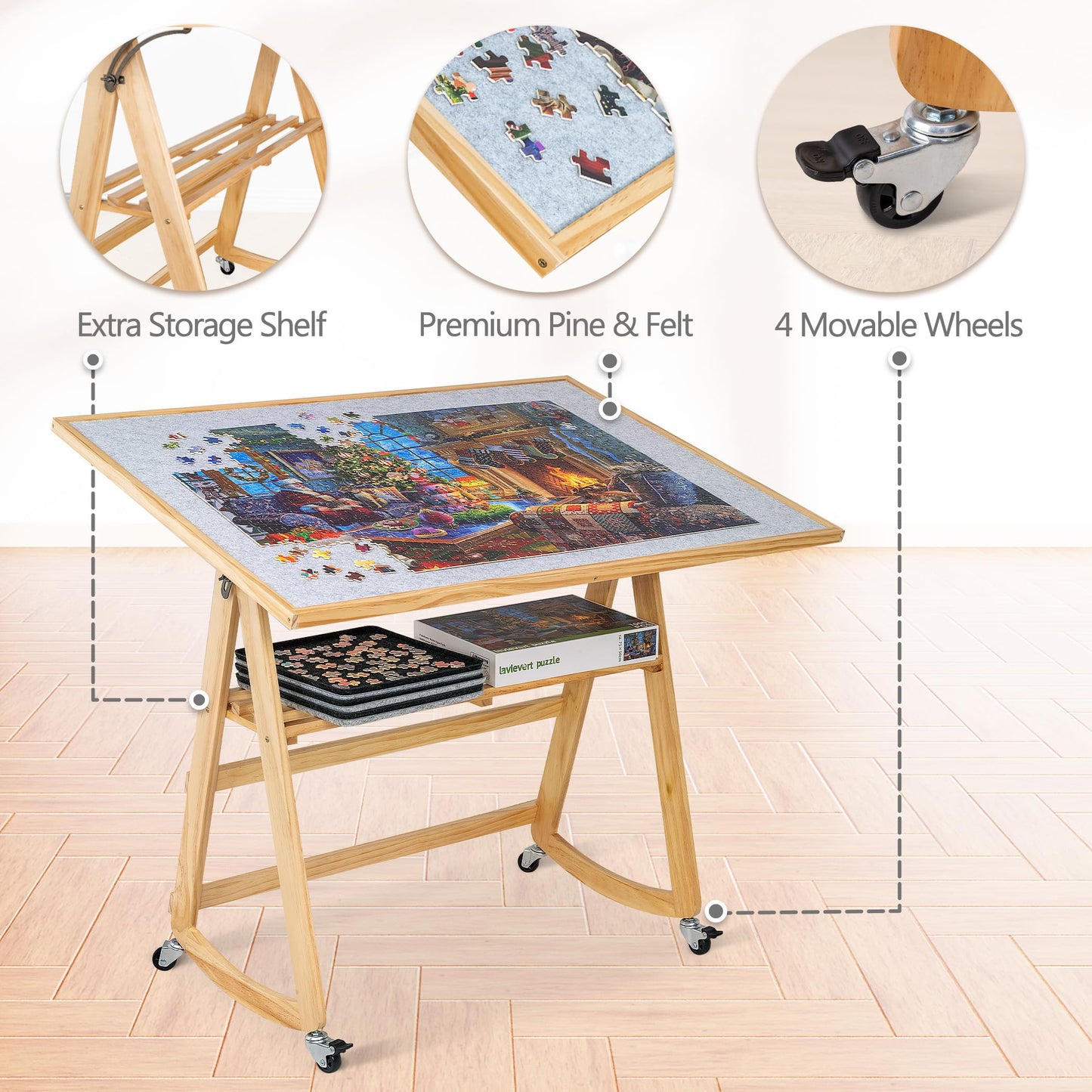 LAVIEVERT 1500 Piece Tilting Puzzle Table with Legs & Cover Mat, Adjustable Jigsaw Puzzle Board Easel with Storage, Portable Wooden Table with 4 Wheels for Adults, Great Assistant for Mom & Elderly