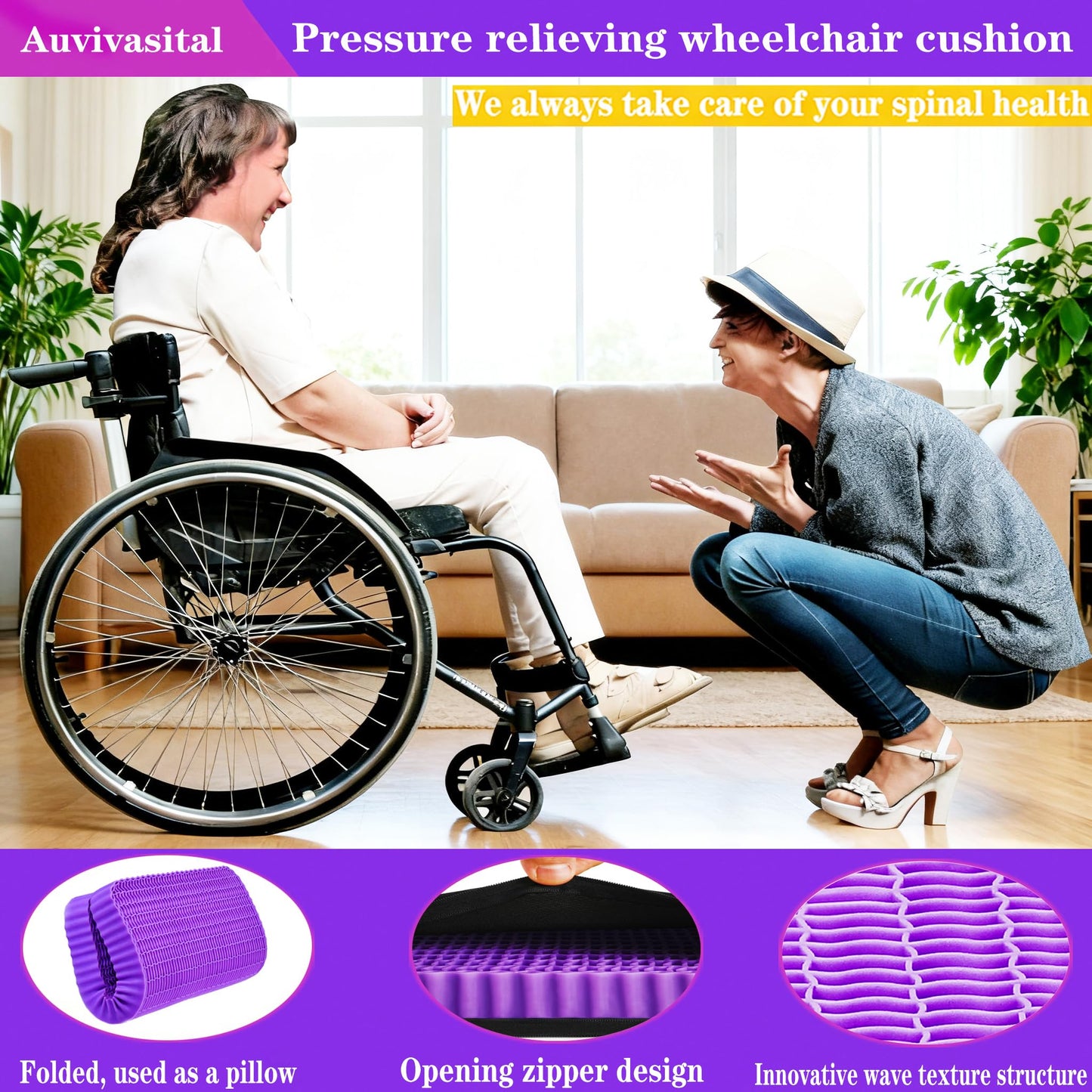 Innovative Gel Seat Cushion for Long Sitting, Large Cooling Supportive Seat Cushion for Back, Sciatica, Tailbone Pain Relief, Used for The Office, Wheelchair, Recliner, Car, Stadium, Kayak.(Púrpura)