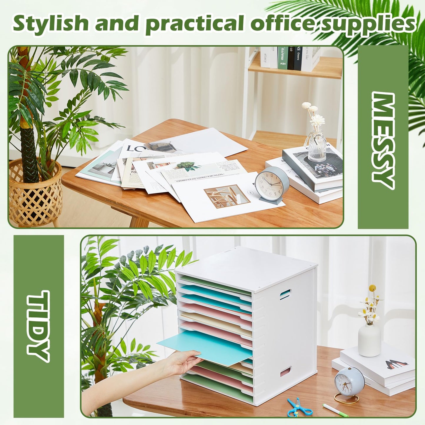 Juexica 12 Tier 8.5" x 11" Scrapbook Paper Organizer, White Cardstock File Organizer with Adjustable Shelves, Stackable Paper Trays, Desktop Storage Rack Document Holder for Desk Home Office