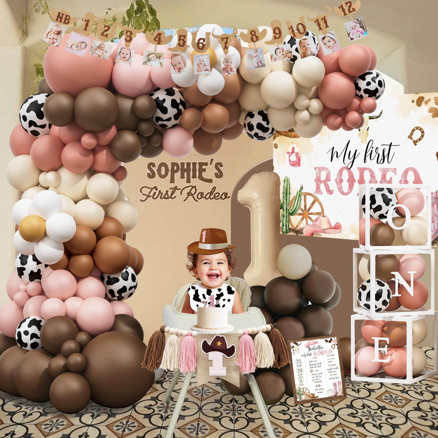 My 1st Rodeo Birthday Decorations Girl, Western Cowgirl First Birthday Party Supplies, Cowgirl Balloon Arch, Backdrop, High Chair Banner, ONE Box, Tablecloth for Girls 1 Year Old Party