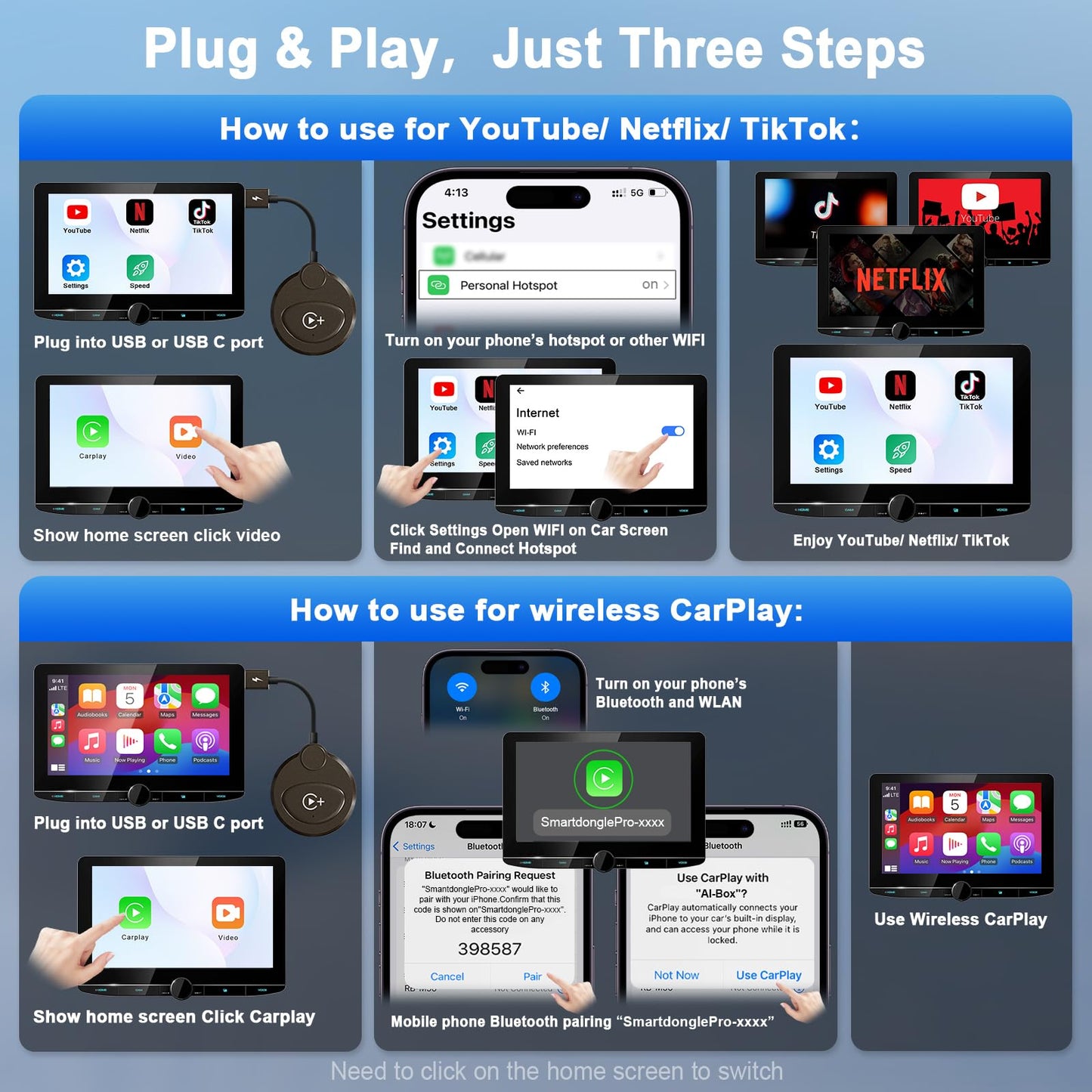 Wireless Carplay Adapter Built in YouTube Netflix,Carplay Wireless for Wired CarPlay to Wireless Support YouTube Netflix Tiktok Video Play,Easy Plug and Play_Black