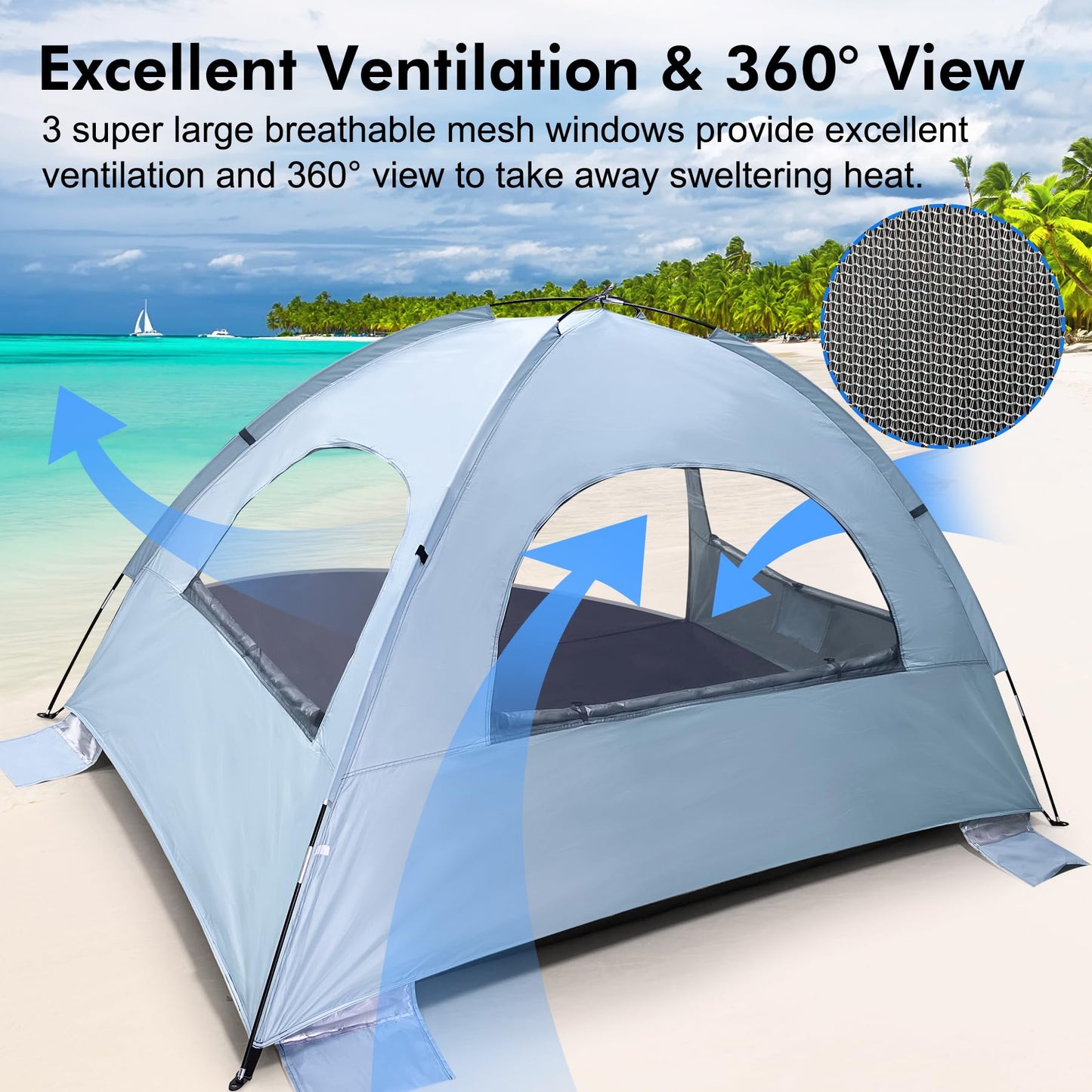 WhiteFang Beach Tent Anti-UV Portable Sun Shade Shelter for 3 Person, Extendable Floor with 3 Ventilating Mesh Windows Plus Carrying Bag, Stakes and Guy Lines (Sierra Blue)