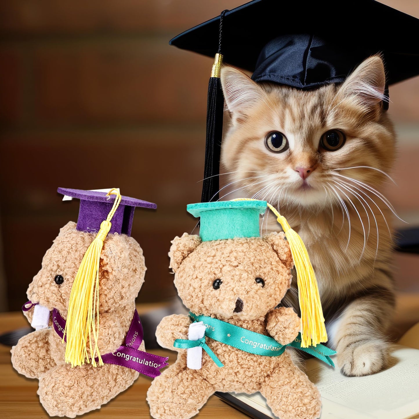 Mikasee 10 Pcs Mini Preschool Graduation Bear Bulk Set Soft Stuffed Bears with Cap, Sash Diploma, Graduation Gift for Preschool Graduation