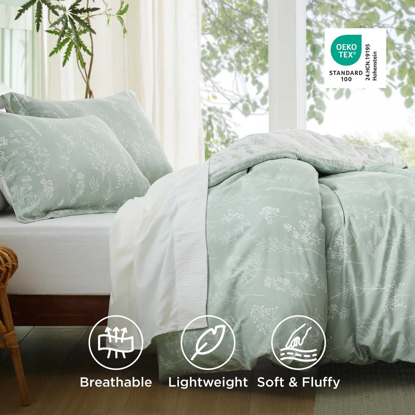 Bedsure Oversized Queen Comforter Set - Sage Green Bed Set, 3 Pieces Cute Floral Bedding, 1 Soft Reversible Botanical Flowers Comforter and 2 Pillow Shams