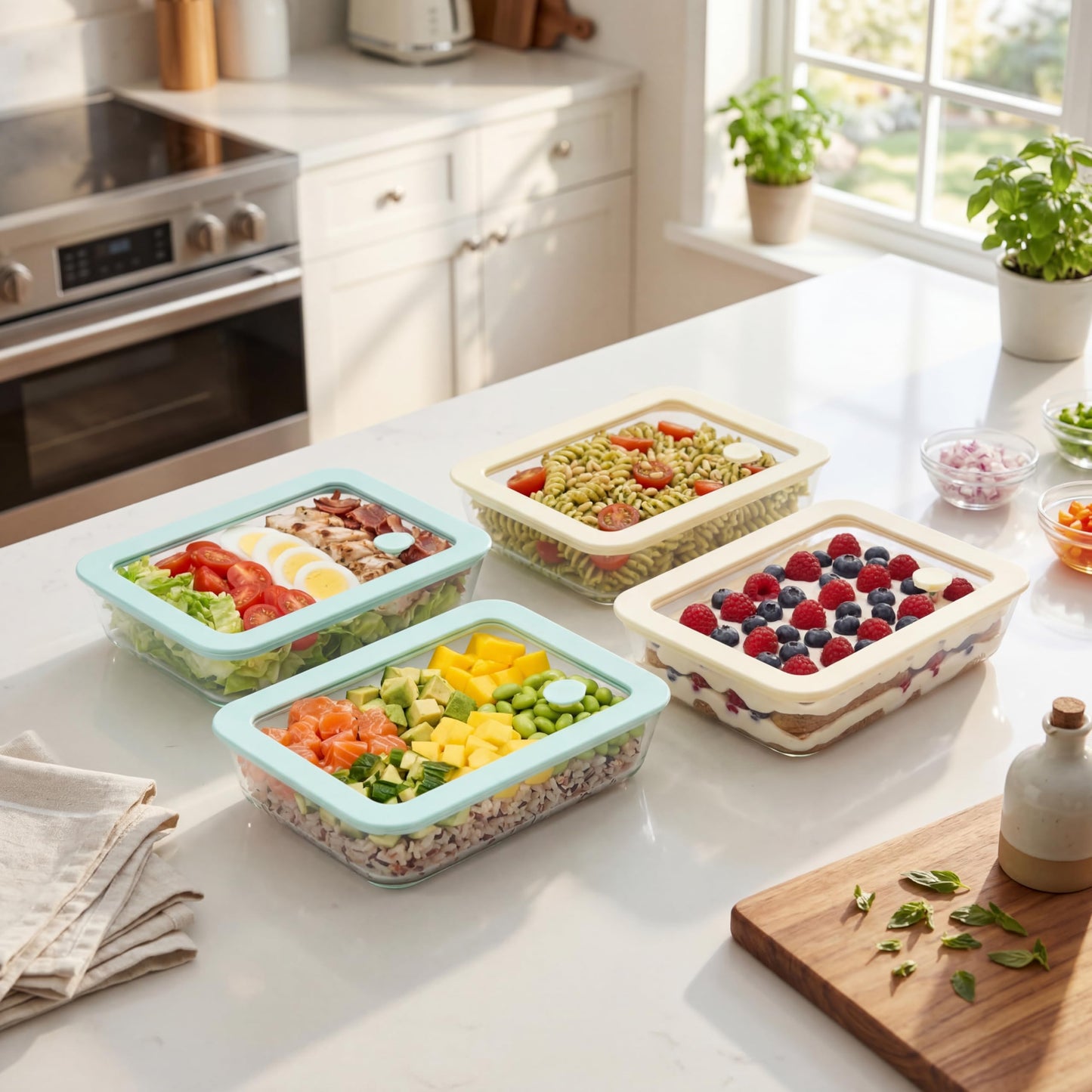 Urban Green Glass Food Container Set with Glass Lid, 4 Pack, Food Storage Containers with Airtight Lid, LeakProof, 100% Plastic Free, Meal Prep Container Set