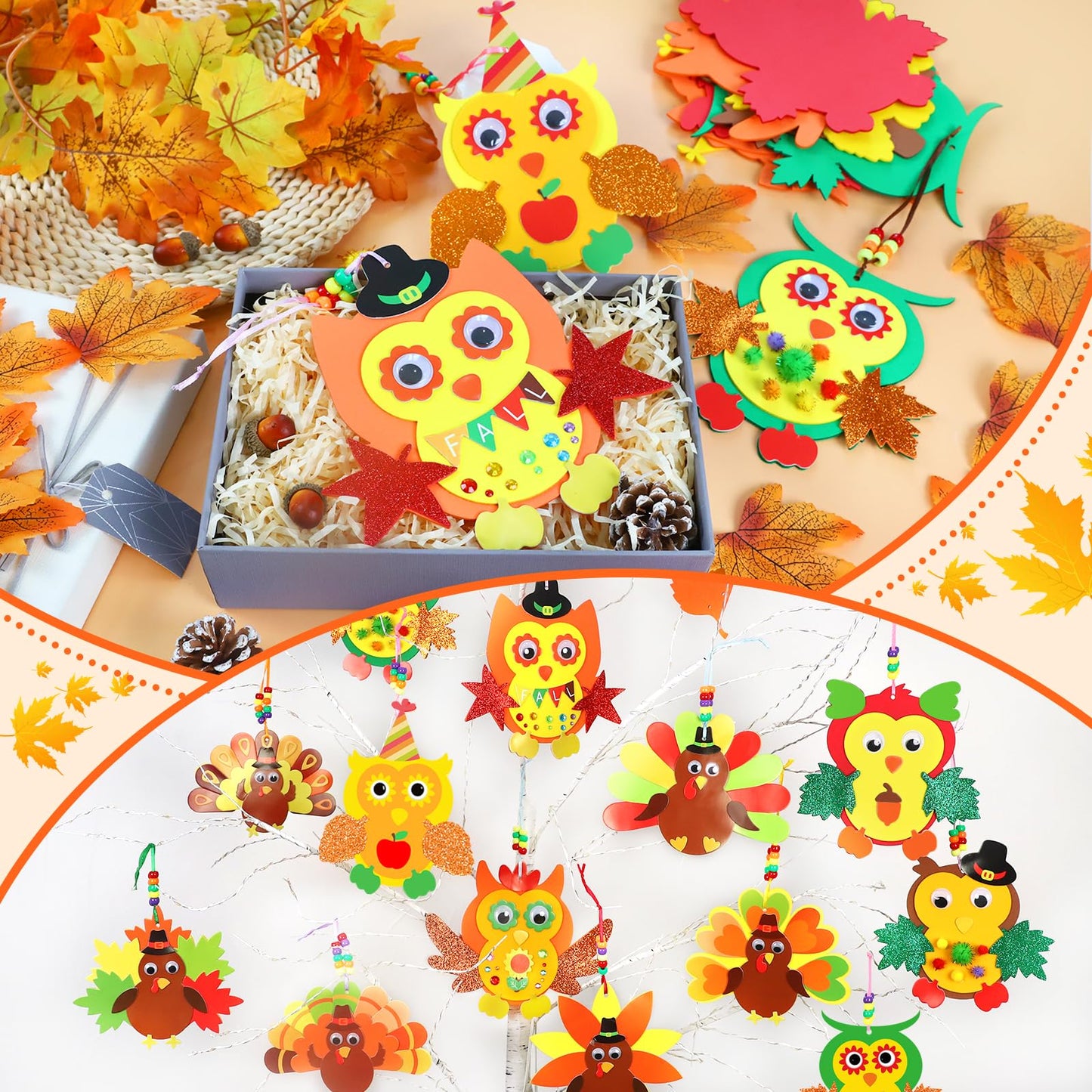 230Pcs Thanksgiving Crafts for Kits 24 Sets Funny Fall Crafts for Kids Include Thicker Turkey Owl Foam Cards Glitter Thanks giving Stickers and All Accessories for Kids Adults Thanksgiving Decorations
